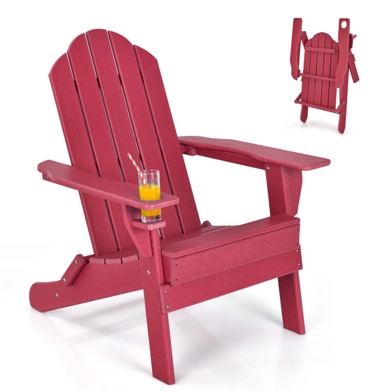 SUGIFT 330-lb Capacity Red Fade Resistant PE Folding Adirondack Chair with Built-in Cup Holder and Oversized Seat