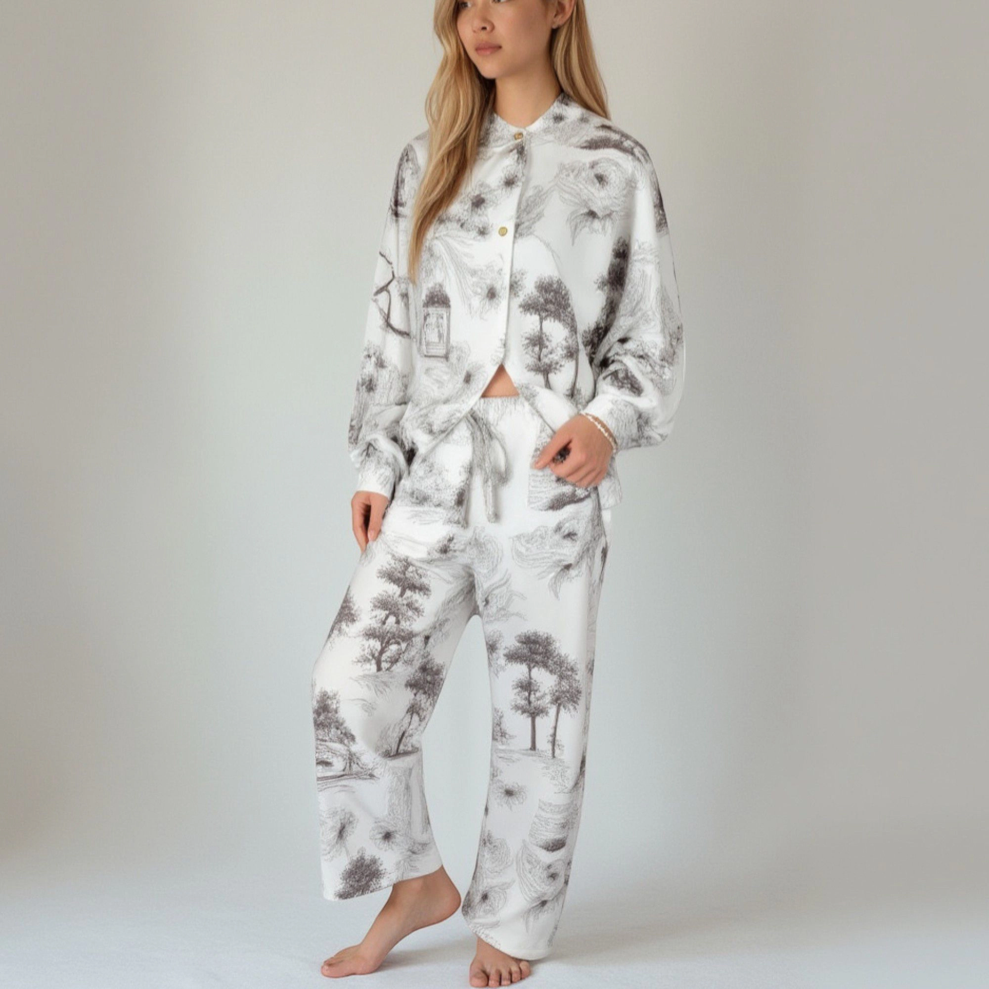 Anna-Kaci Women's Toile Print Button Up Pajama Set with Long Sleeve Top and Elastic Waist Drawstring Pants
