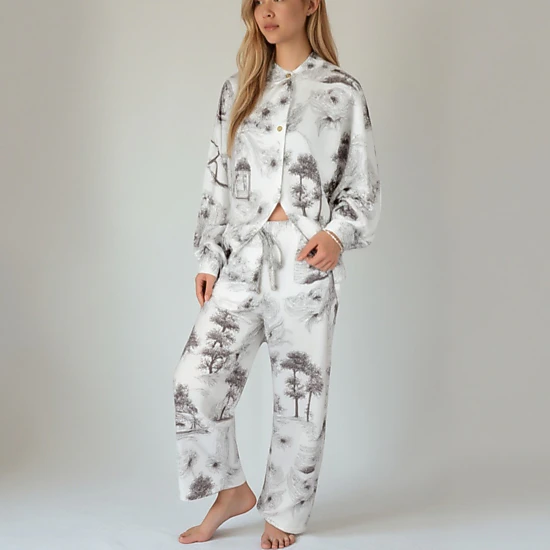 Anna-Kaci Women's Toile Print Button Up Pajama Set with Long Sleeve Top and Elastic Waist Drawstring Pants