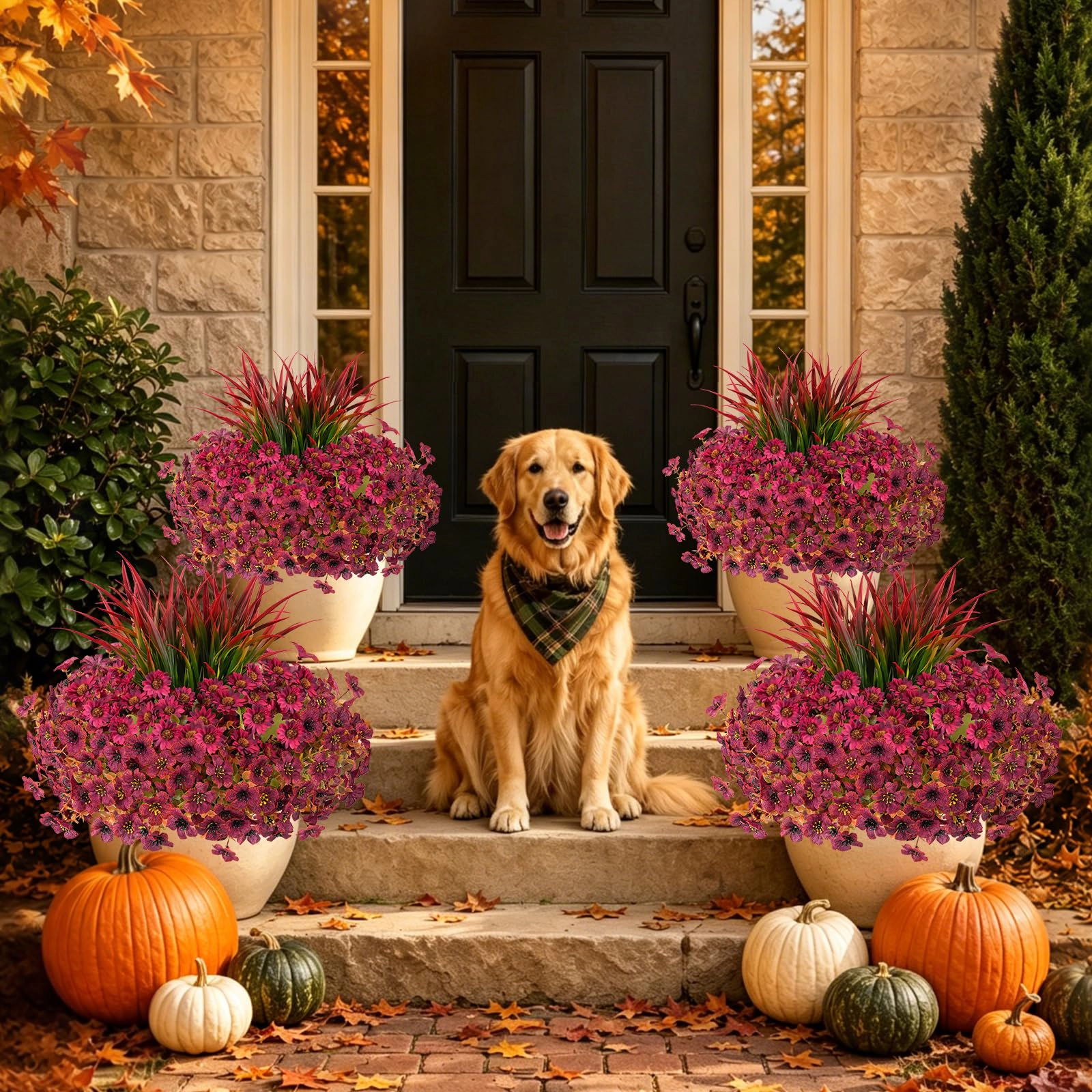 PUPWE 18 Artificial Fall Flowers For Outdoor  Uv Resistant Mums & Grass