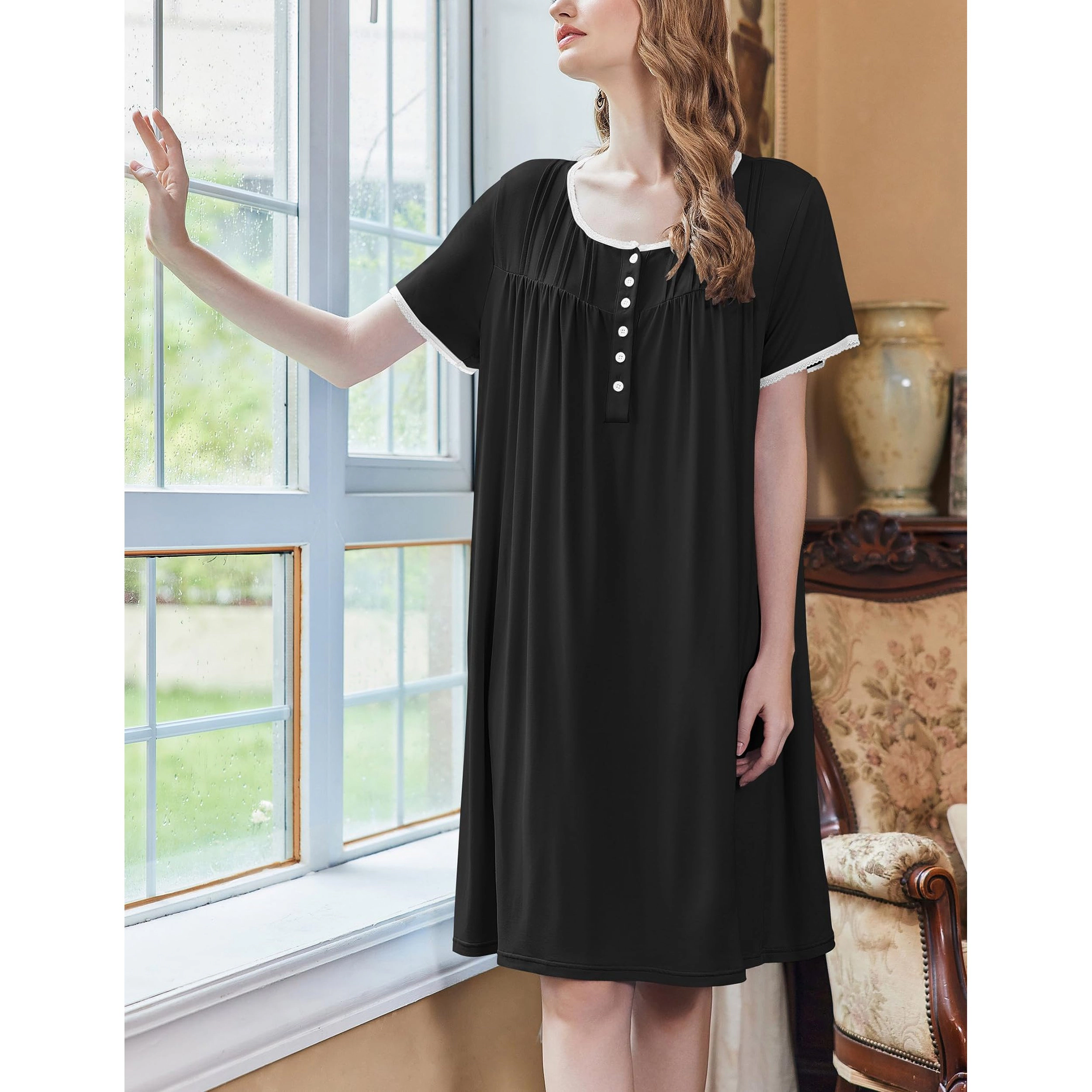 Ekouaer Womens Nightgown with Pockets Short Sleeve Mumu Nightgown Button Down