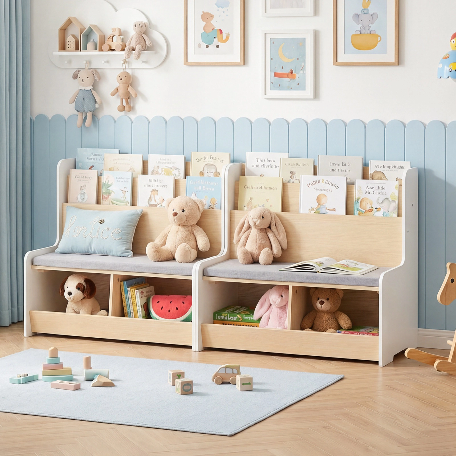SUGIFT White Frog 3-in-1 Kids Bookshelf Bench with 2 Cubbies and Detachable Cushion