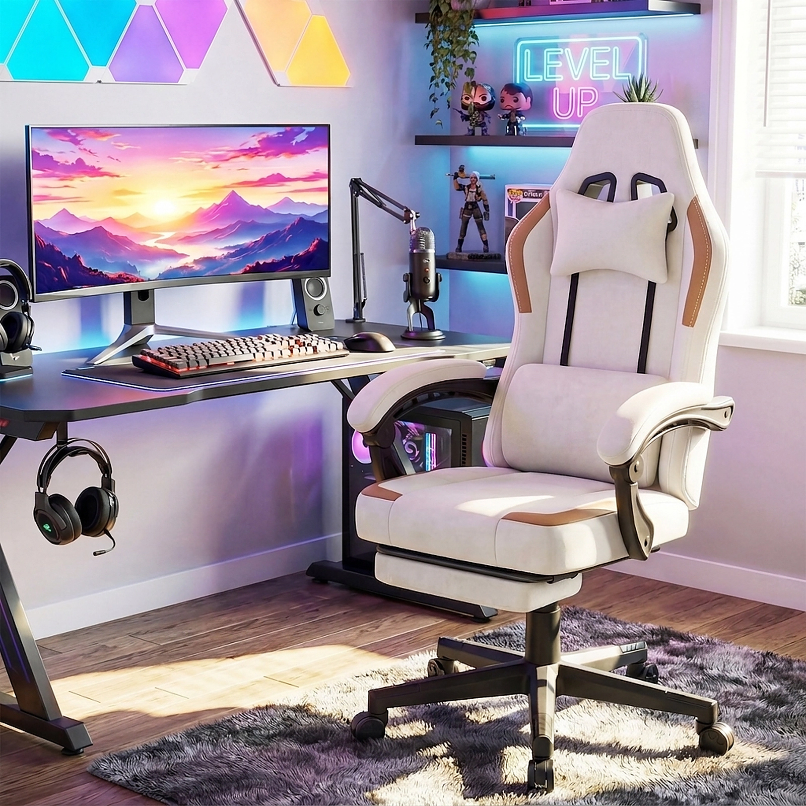 SUGIFT Beige Ergonomic Gaming Chair with Headrest, Lumbar Cushion and Footrest