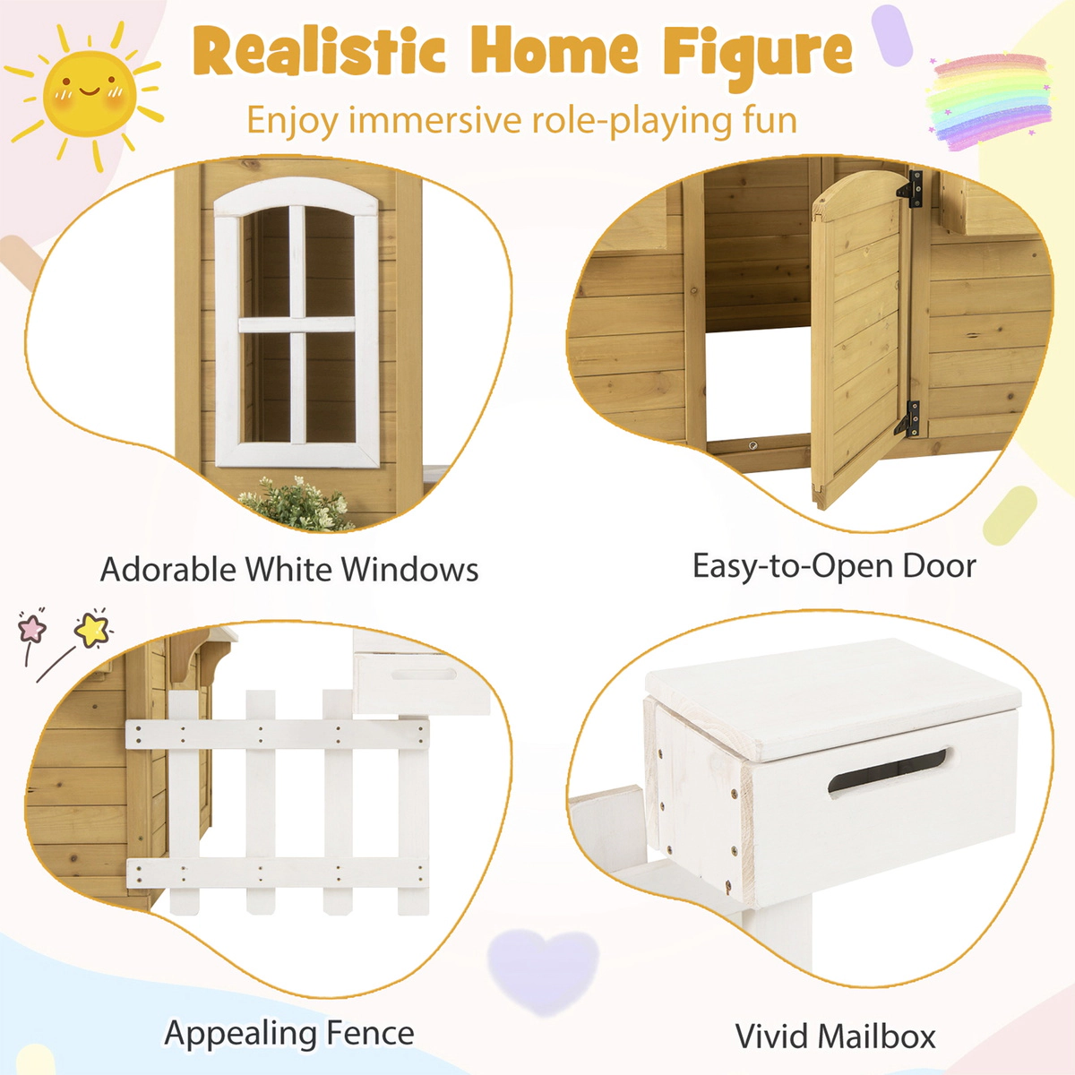 SUGIFT Natural Bench Serving Window and Mailbox for Ages 2 and Up Wooden Kids Playhouse