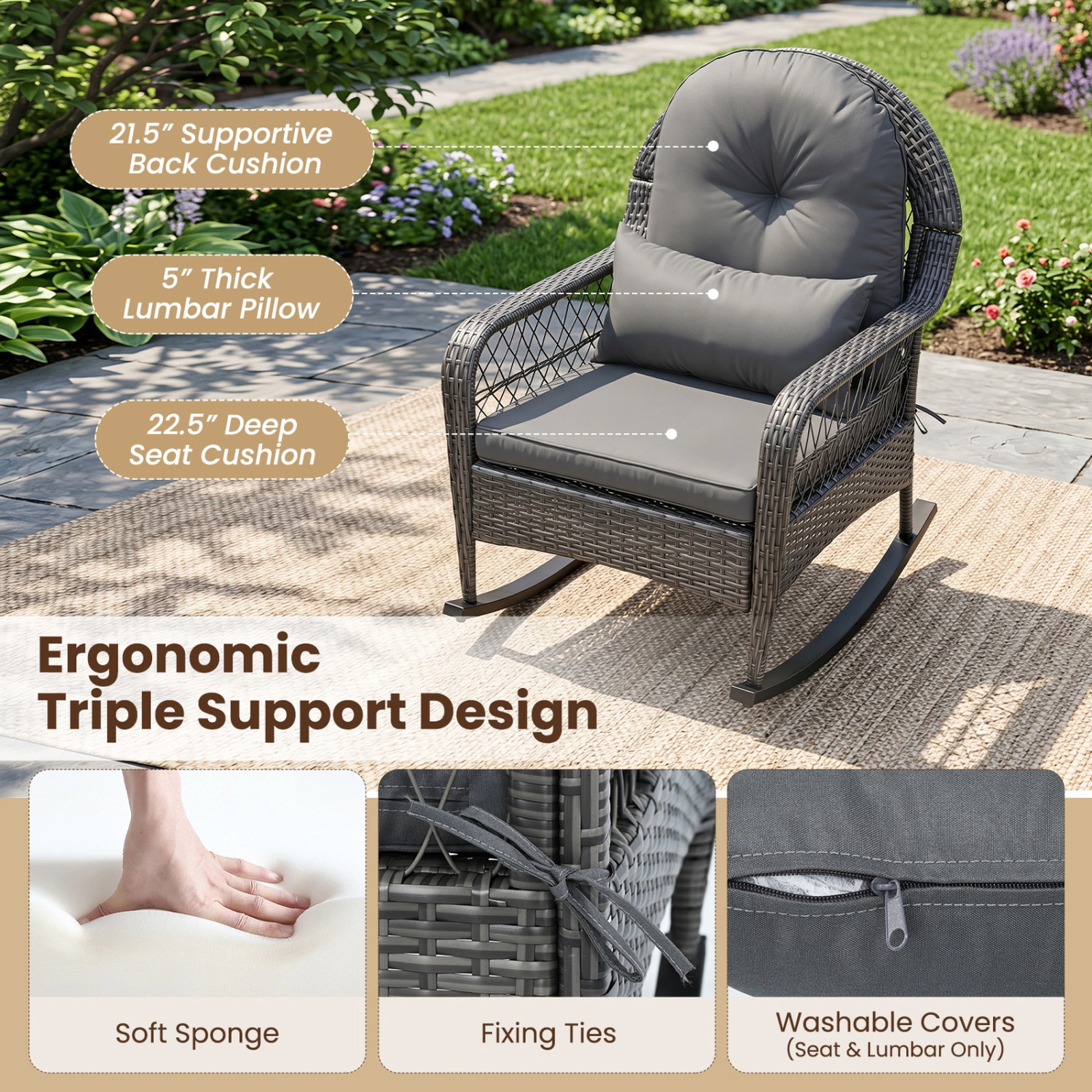 SUGIFT 400-lb Capacity Patio Rattan Rocker Chair with Anti-Tip Stoppers and Cushions 25-in Wide 34-in Tall Porch Gray
