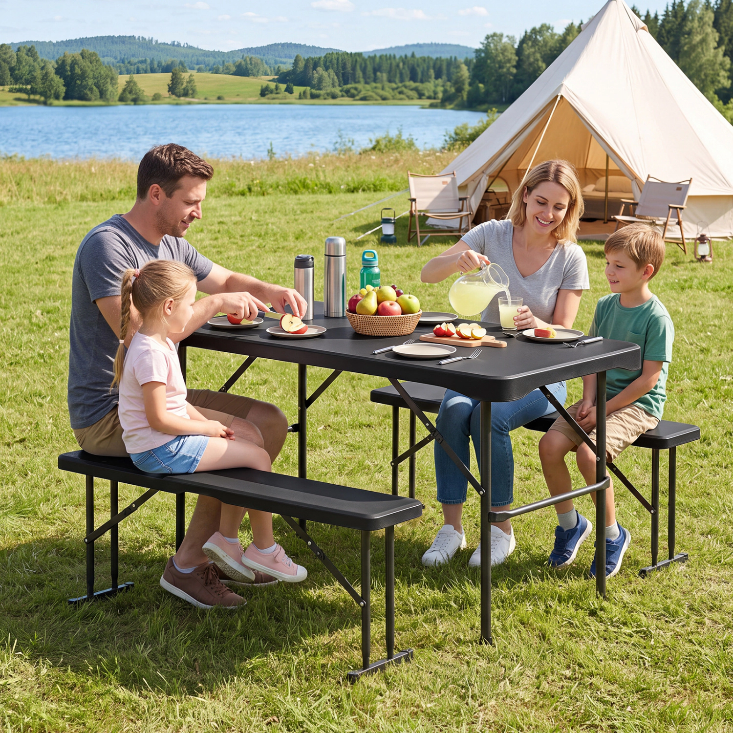 LJG Outdoor Folding Table Bench Set w All-Weather HDPE Tabletop and Sturdy Metal Frame