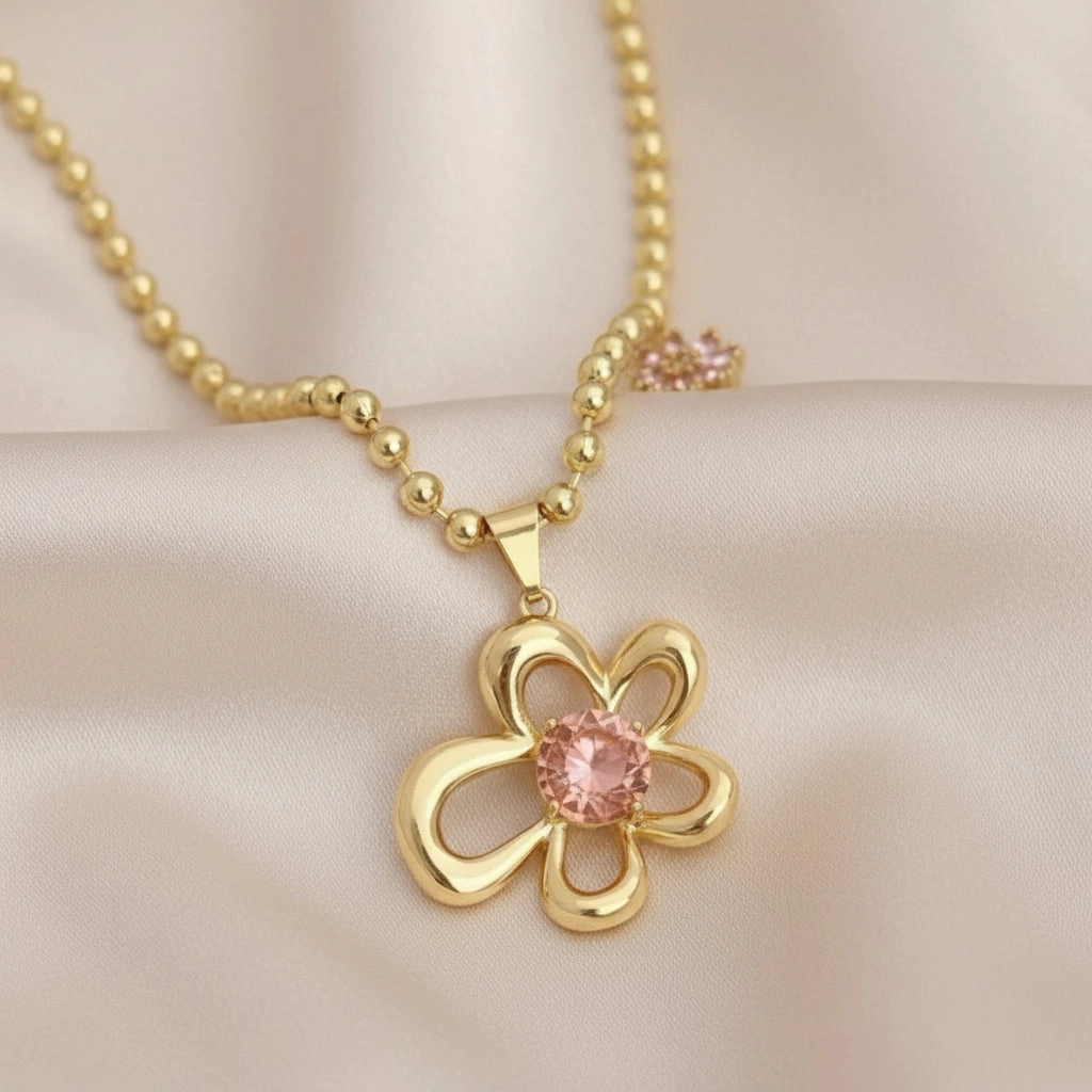DressAtR Women's Pink Flower Zircon 18K Gold Plated Necklace