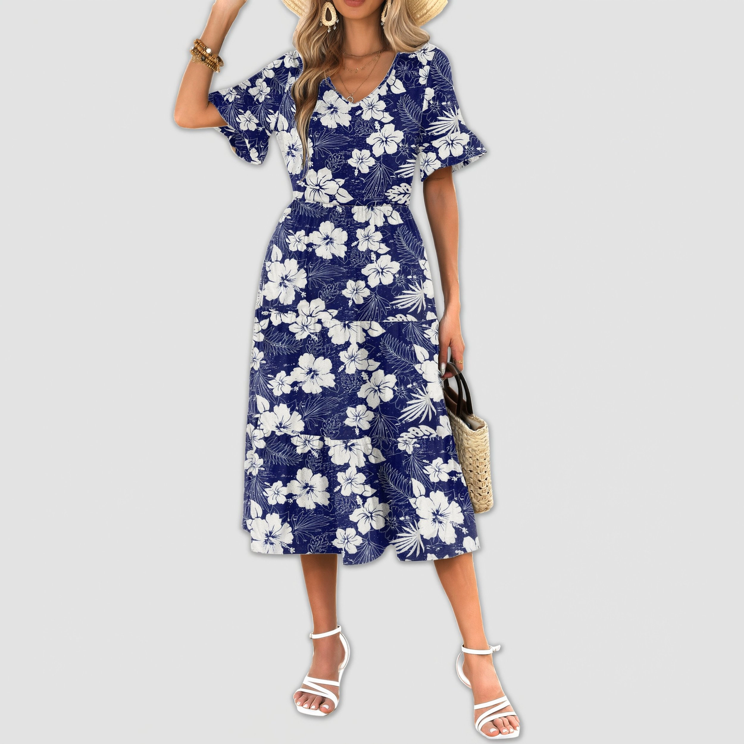 Zeagoo Women's V Neck Ruffle Sleeve Midi Dress