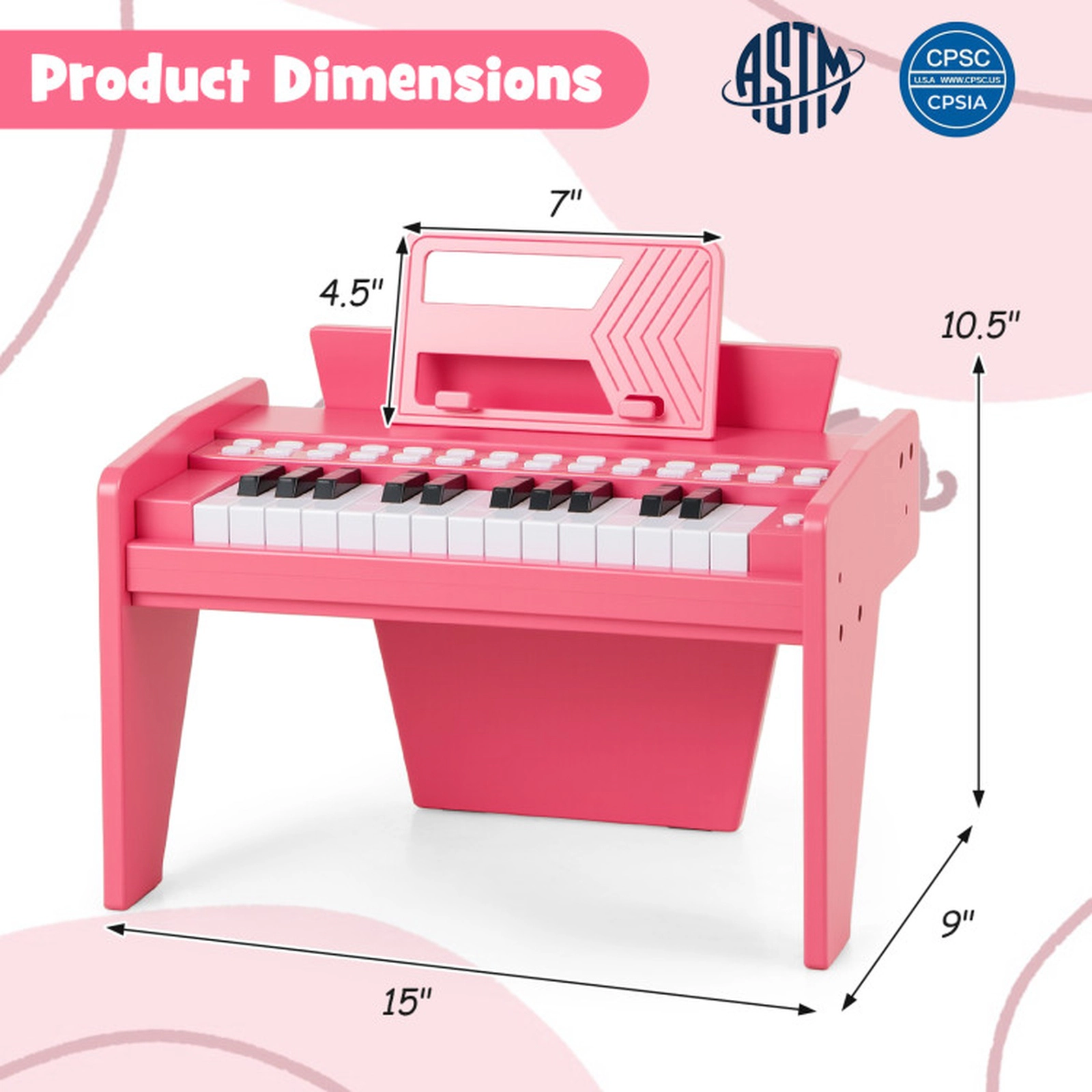 SUGIFT Kids Pink 25-Key Toy Piano Keyboard with Removable Music Stand 15-in W 9-in D 10.5-in H Ages 3+