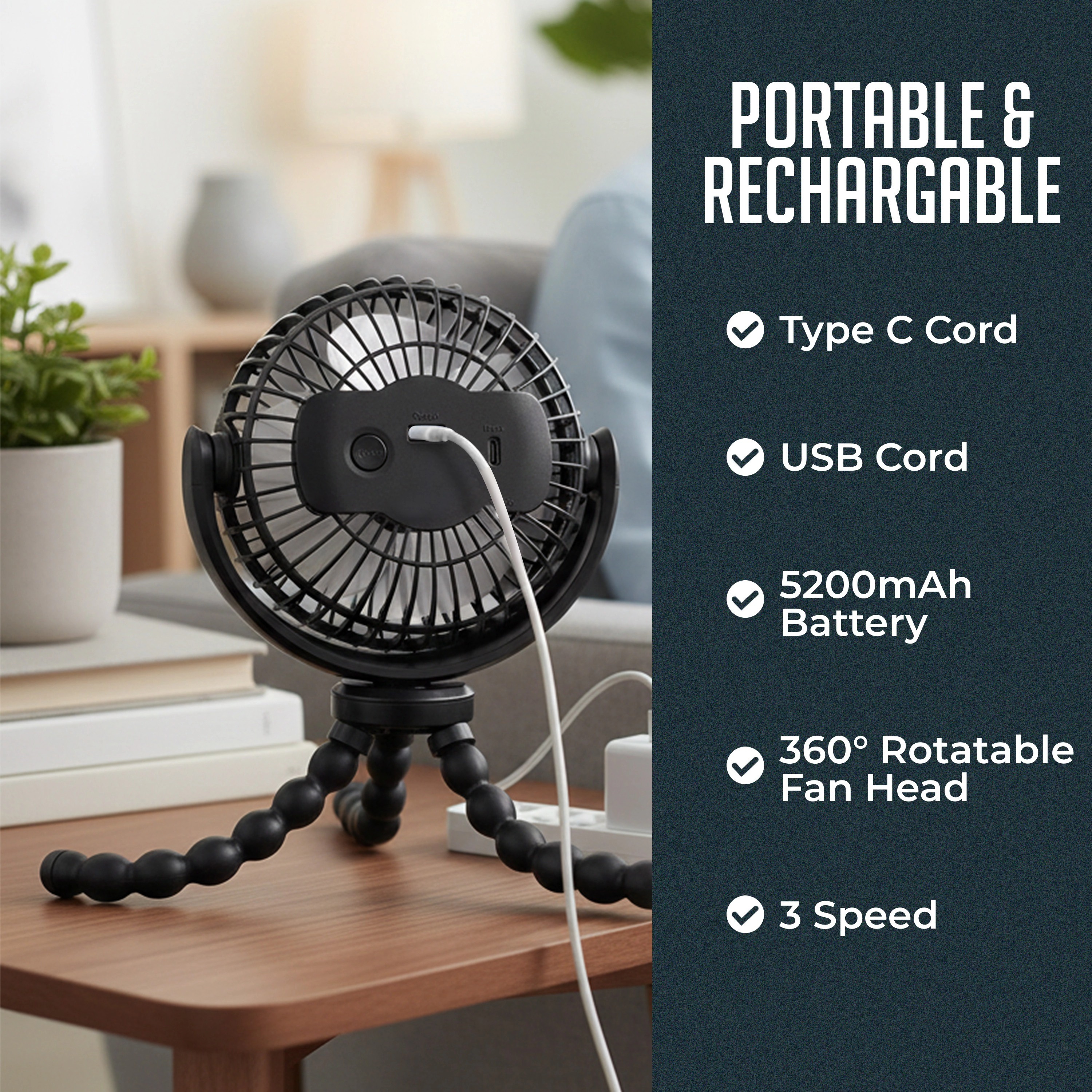 Luminuxe Portable Stroller Fan 3 Speed Rechargeable Flexible Tripod Clip-On Fan w/ Rotatable Design, USB-C Wire Included