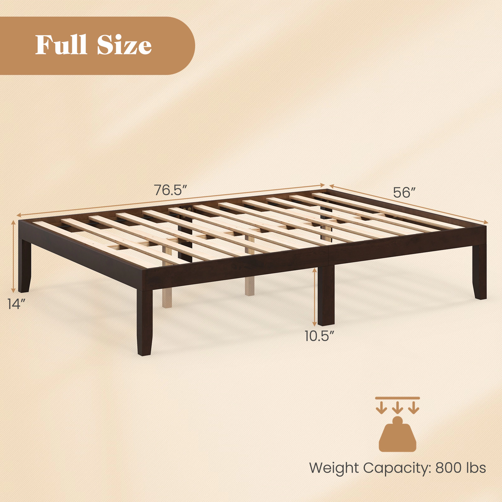 SUGIFT Wood Platform Bed Frame with Rubber Wood Legs 800-lb Capacity Full Size 10.5-in Under-Bed Space Espresso/Natural