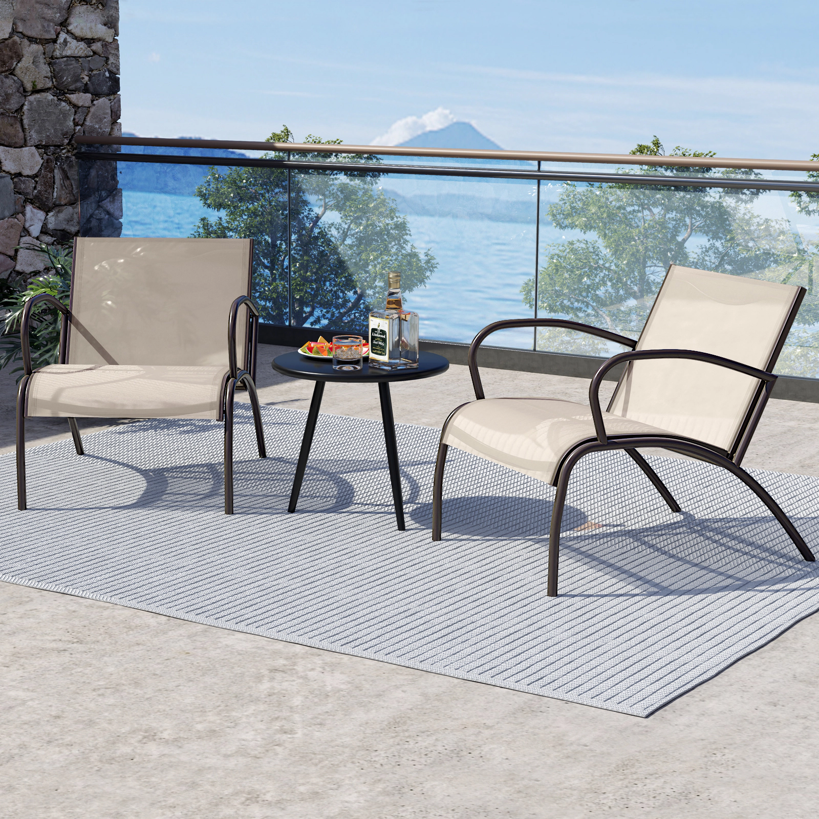 SUGIFT 3 Piece Patio Aluminum Wide Armchair and Coffee Table Conversation Set 400-lb Chair Capacity Black Light Brown