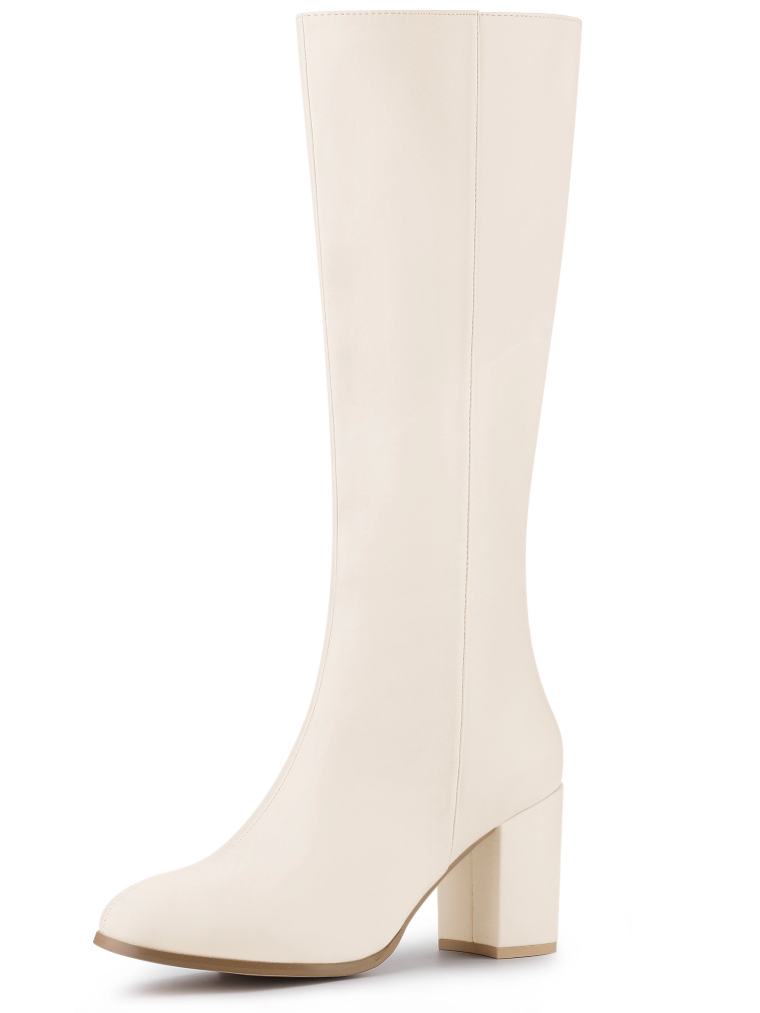 BLISSFUL STEP Women Faux Leather Round Toe Zip Chunky Heels Knee High Boots