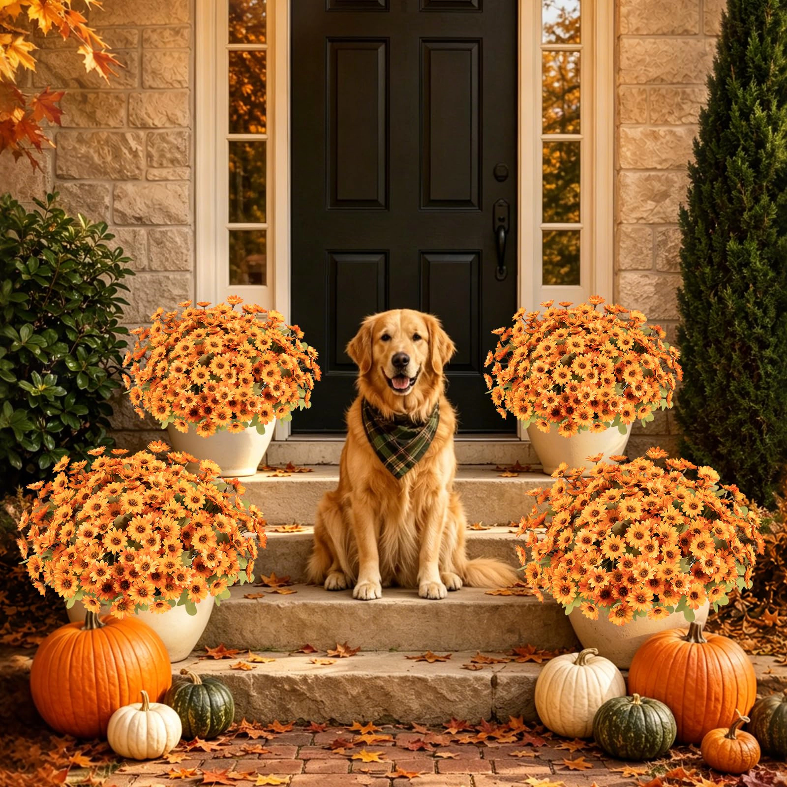 PUPWE 12 Artificial Fall Flowers  Uv Resistant Faux Mums For Outdoors