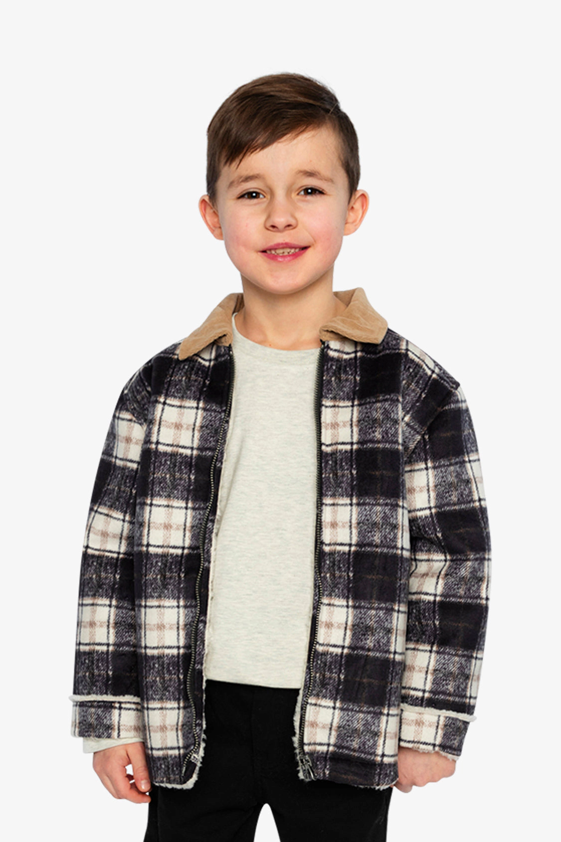 Deux par Boys Brushed Plaid Full Zip Jacket with Ribbed Collar