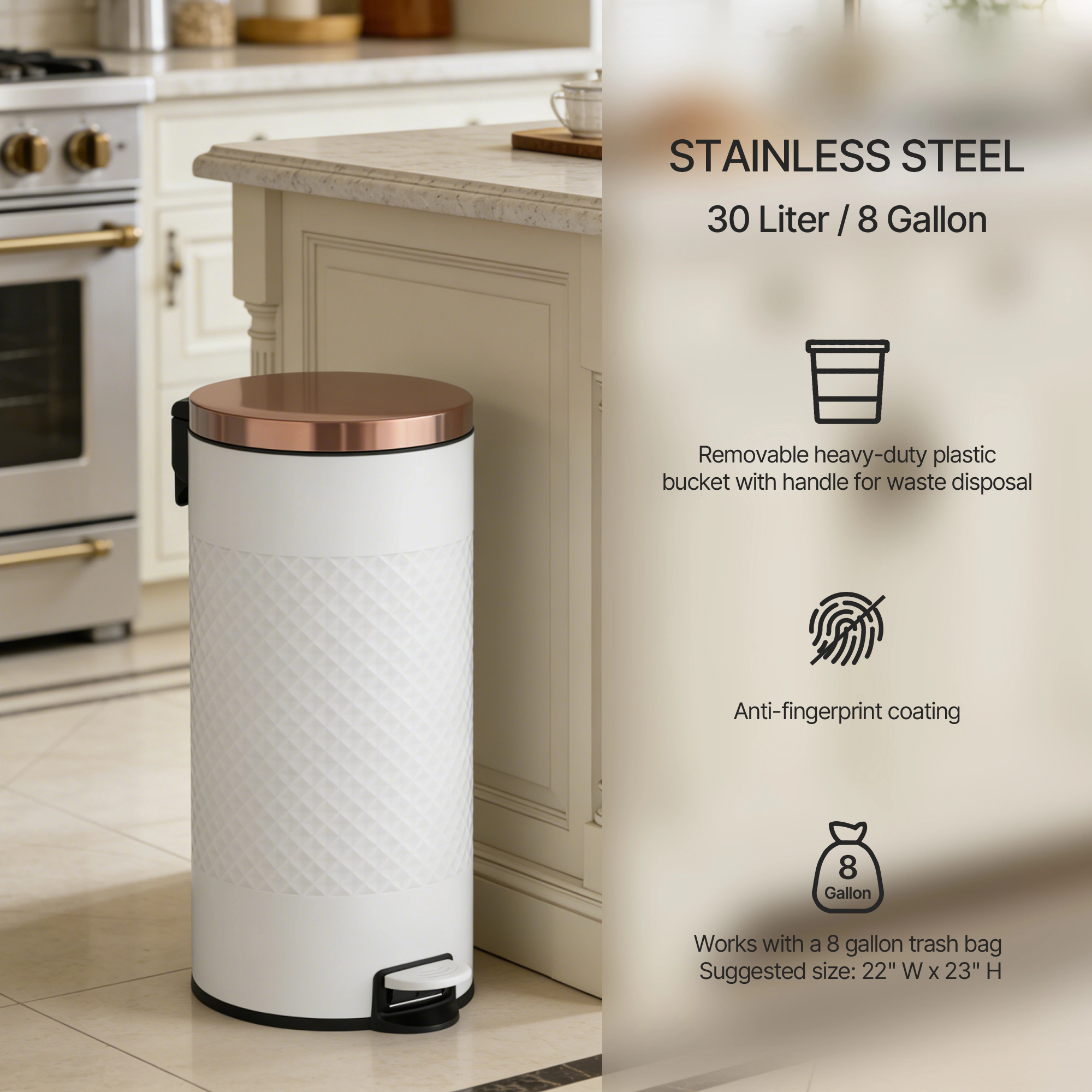Innovaze 8 Gal./30 Liter Round Shape Step-on Trash Can with Diamond Body Design for Kitchen