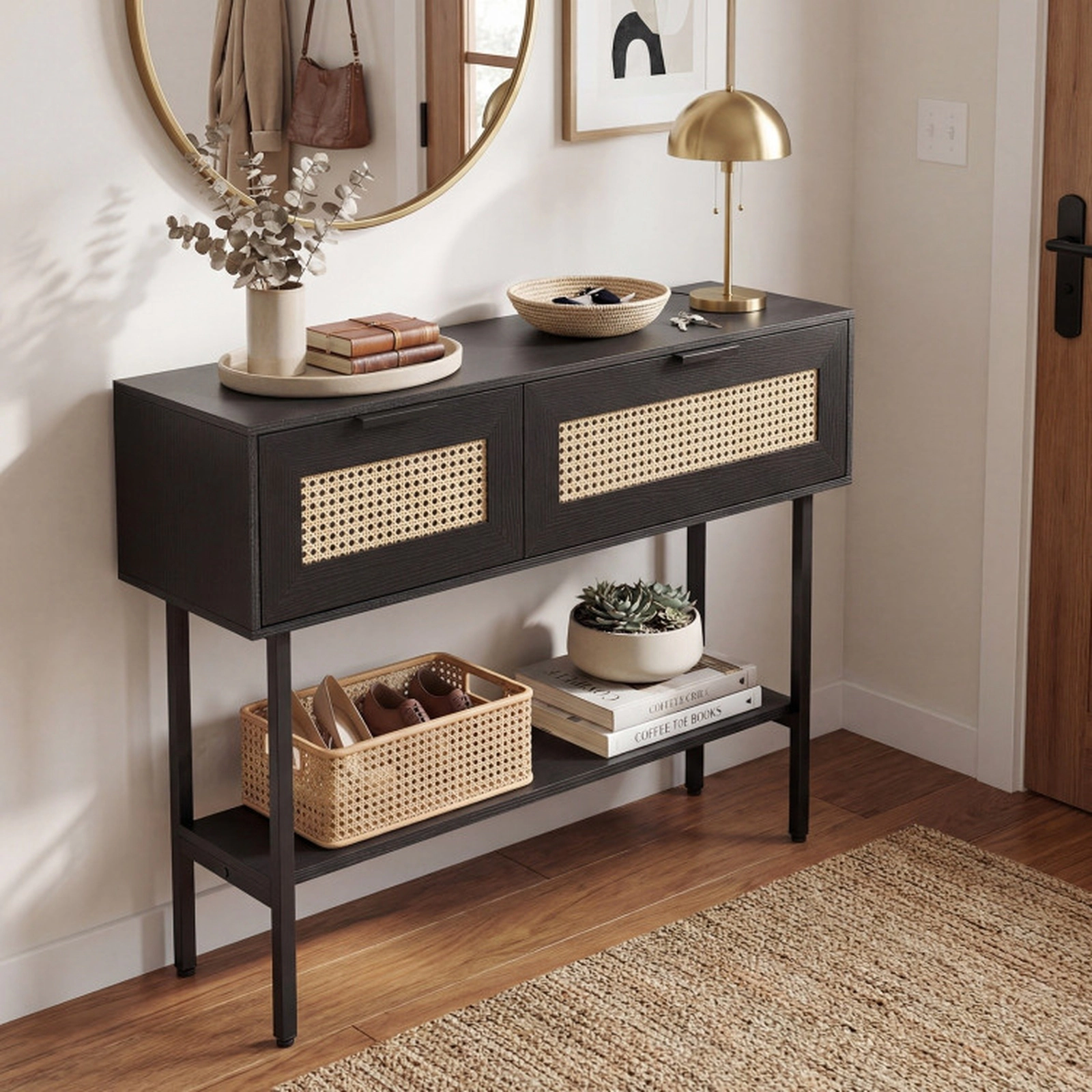 SUGIFT PE Rattan 2 Cabinets Open Shelf Carbon Steel Frame Console Table 40-in x 12-in x 30-in 90-lb Capacity Black