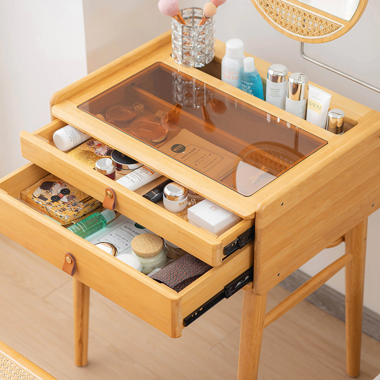 SUGIFT Bamboo Makeup Vanity Table with Stool and Rotating Mirror 155-lb Table Capacity 265-lb Stool Capacity Natural