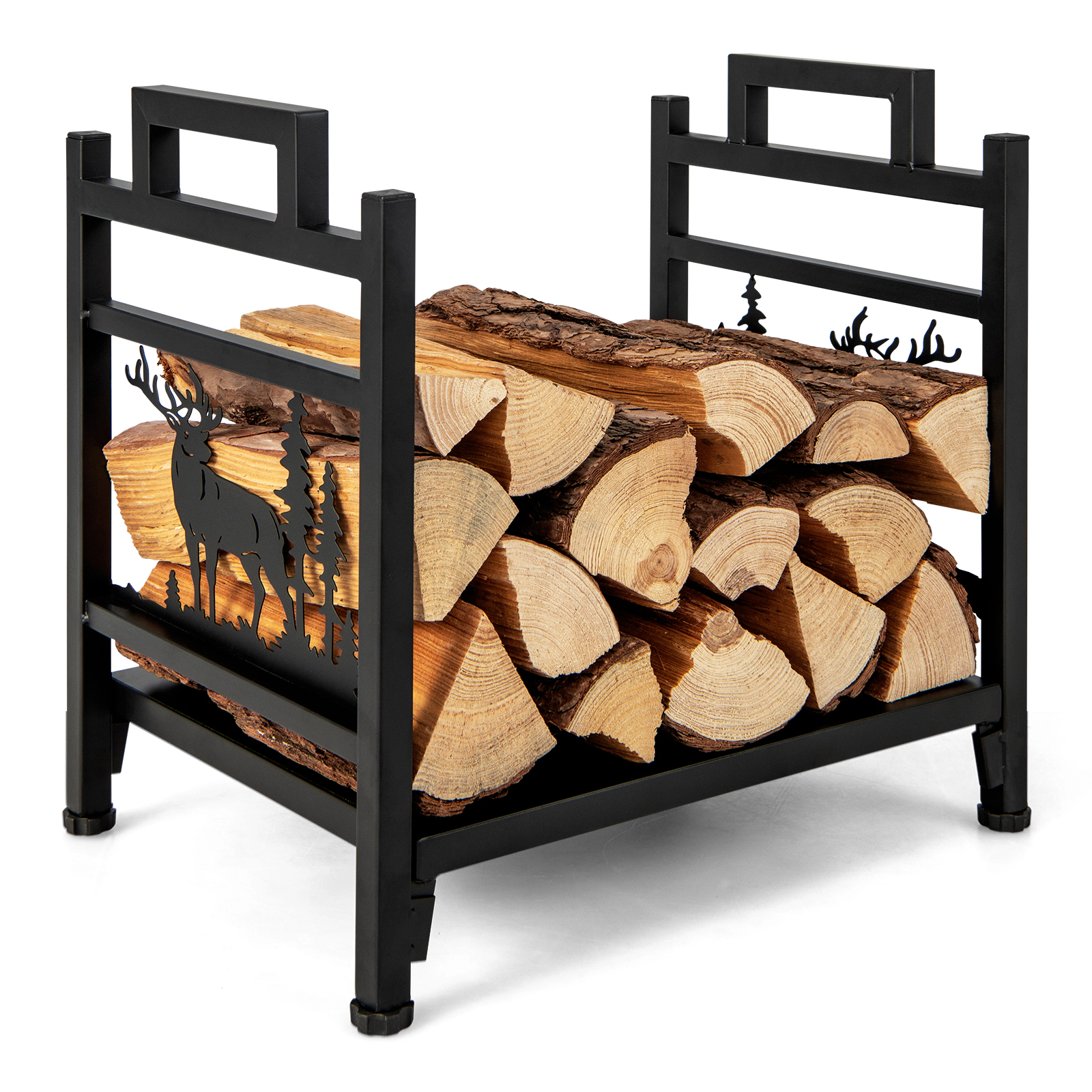 SUGIFT 18.5-in Dual Handles Moose Pattern Metal Firewood Log Rack 18.5-in x 13.5-in x 18-in 135-lb Capacity Black