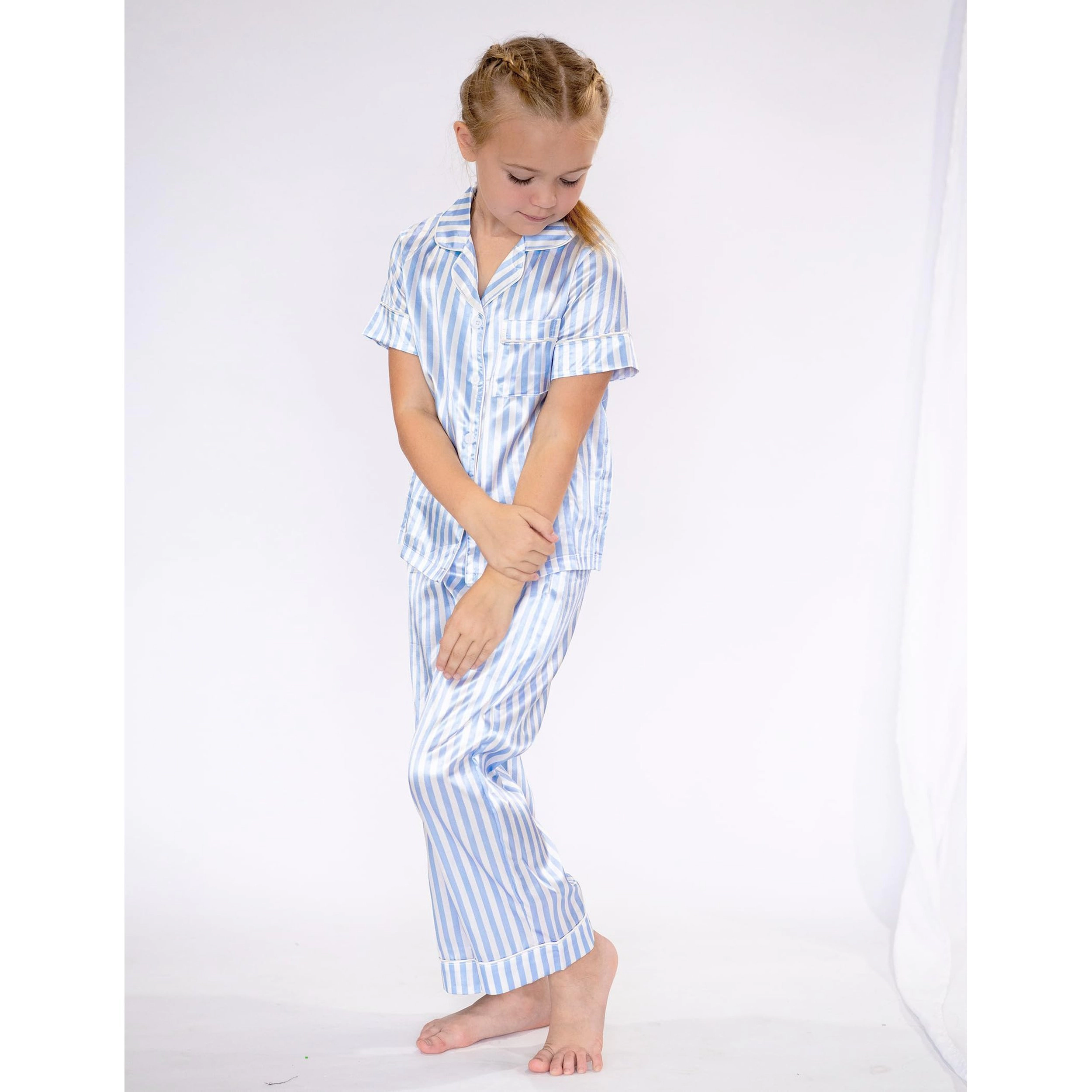 Arshiner Girls Pajamas Silk Satin Button Down Piece Short Sleeve Sleepwear Set