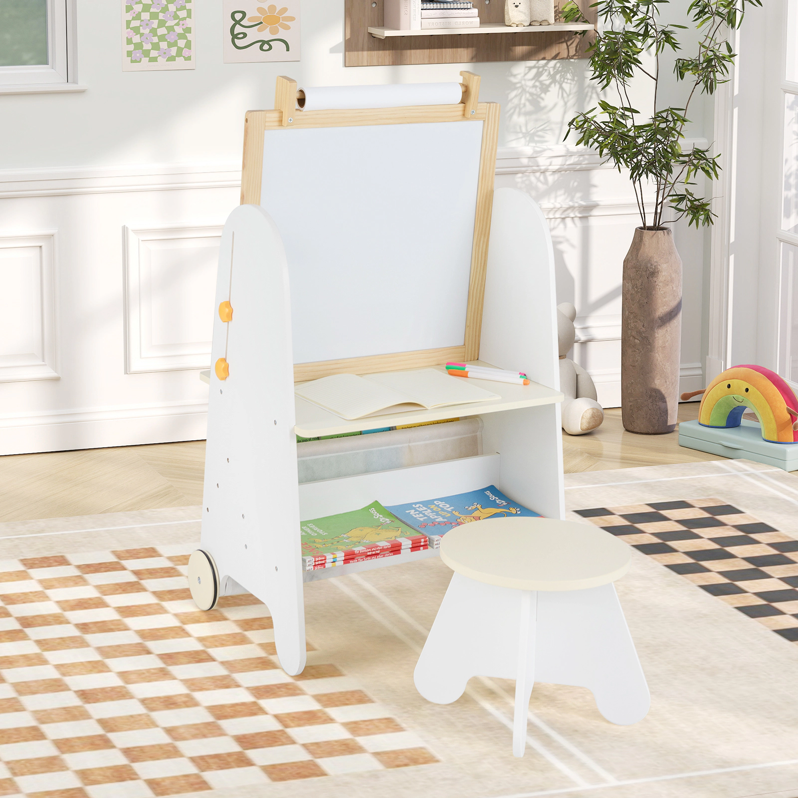 4-in-1 Toddler Art Easel and Activity Table Set with Stool Magnetic Whiteboard Chalkboard 10-ft Paper Roll Natural