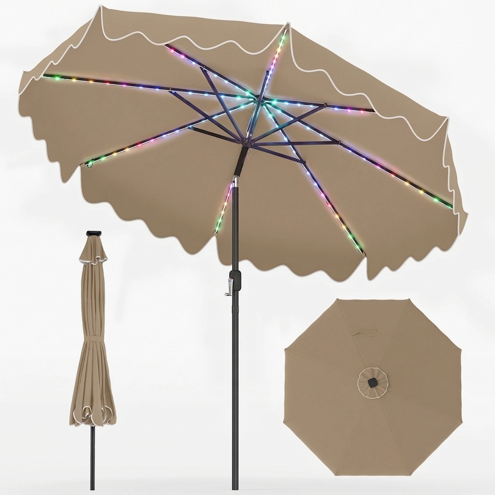 SUGIFT 9-ft Solar Patio Umbrella with Color-Changing LED Lights 104-LED 12-Mode Canopy with Crank and Tilt Brown