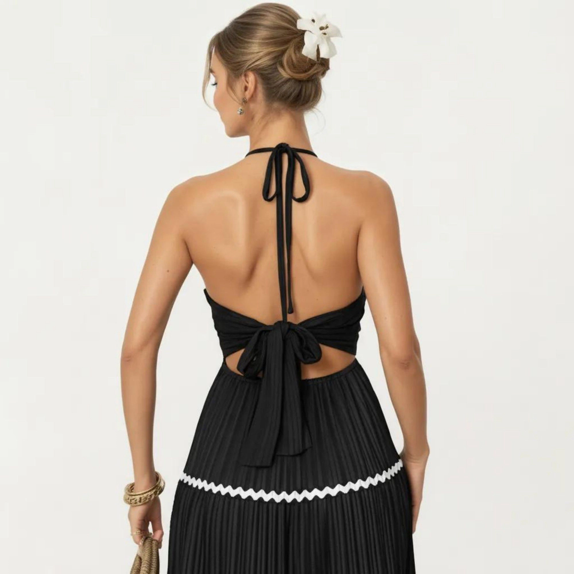 Anna-Kaci Womens Sleeveless Halter Neck Pleated Maxi Dress with Tiered Skirt