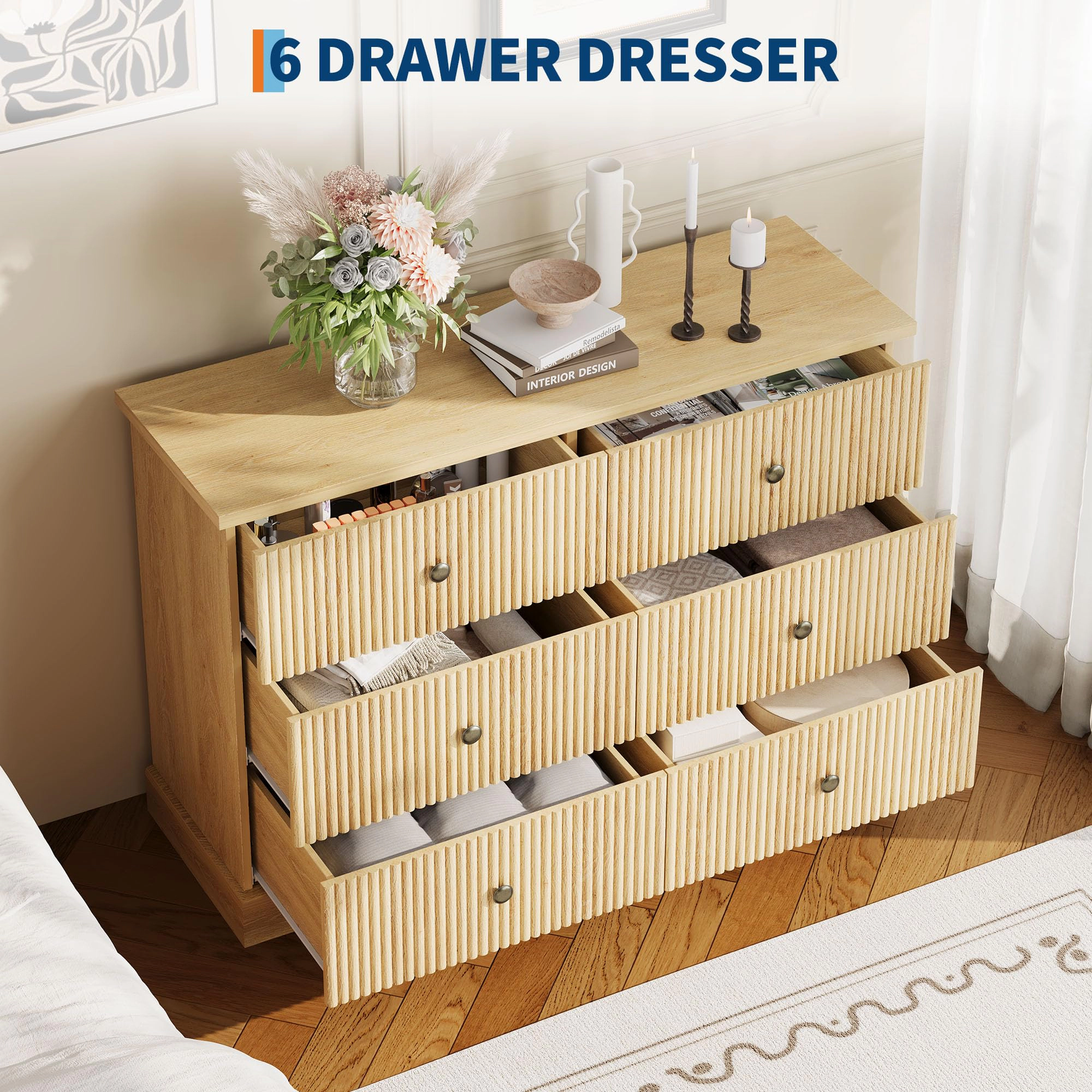 6 Drawer Fluted Dresser, 47" Wide Modern Wood Storage Chest with Metal Handles for Bedroom Apartment