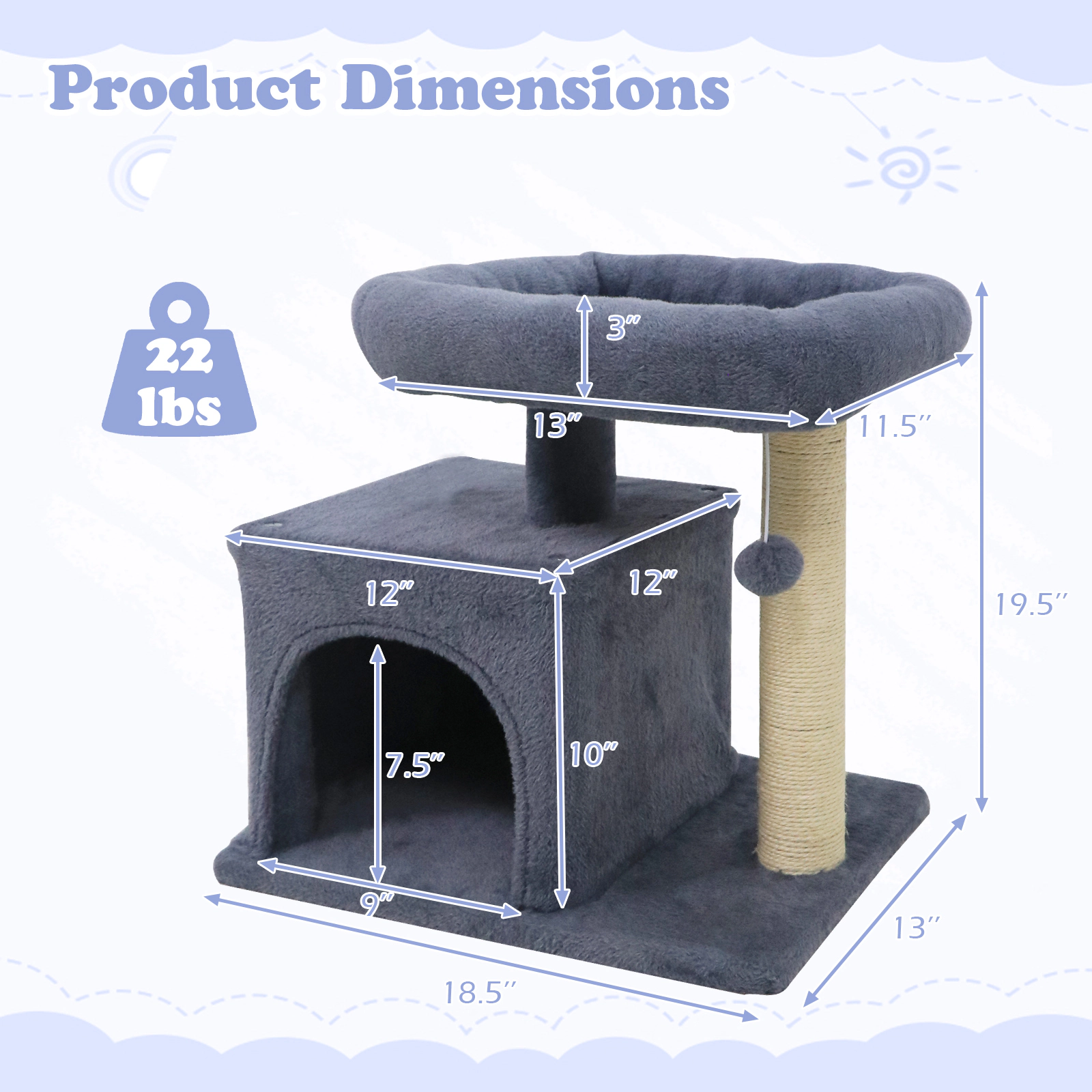 SUGIFT 19.5-in Dark Gray Small Cat Tree with Large Padded Plush Perch Condo Sisal Posts and Anti-Tip Strap