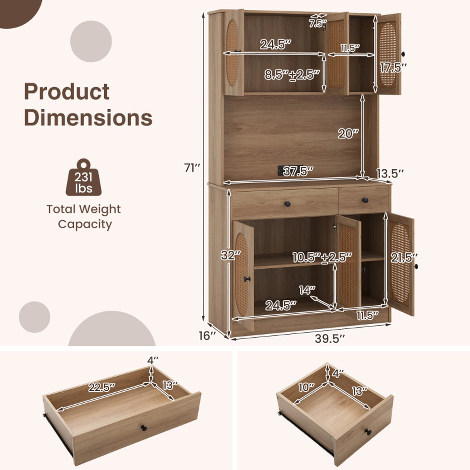 SUGIFT 71-in Rattan Doors Charging Station 2 Drawers Kitchen Pantry Cabinet 39.5-in x 16-in 231-lb Capacity Natural