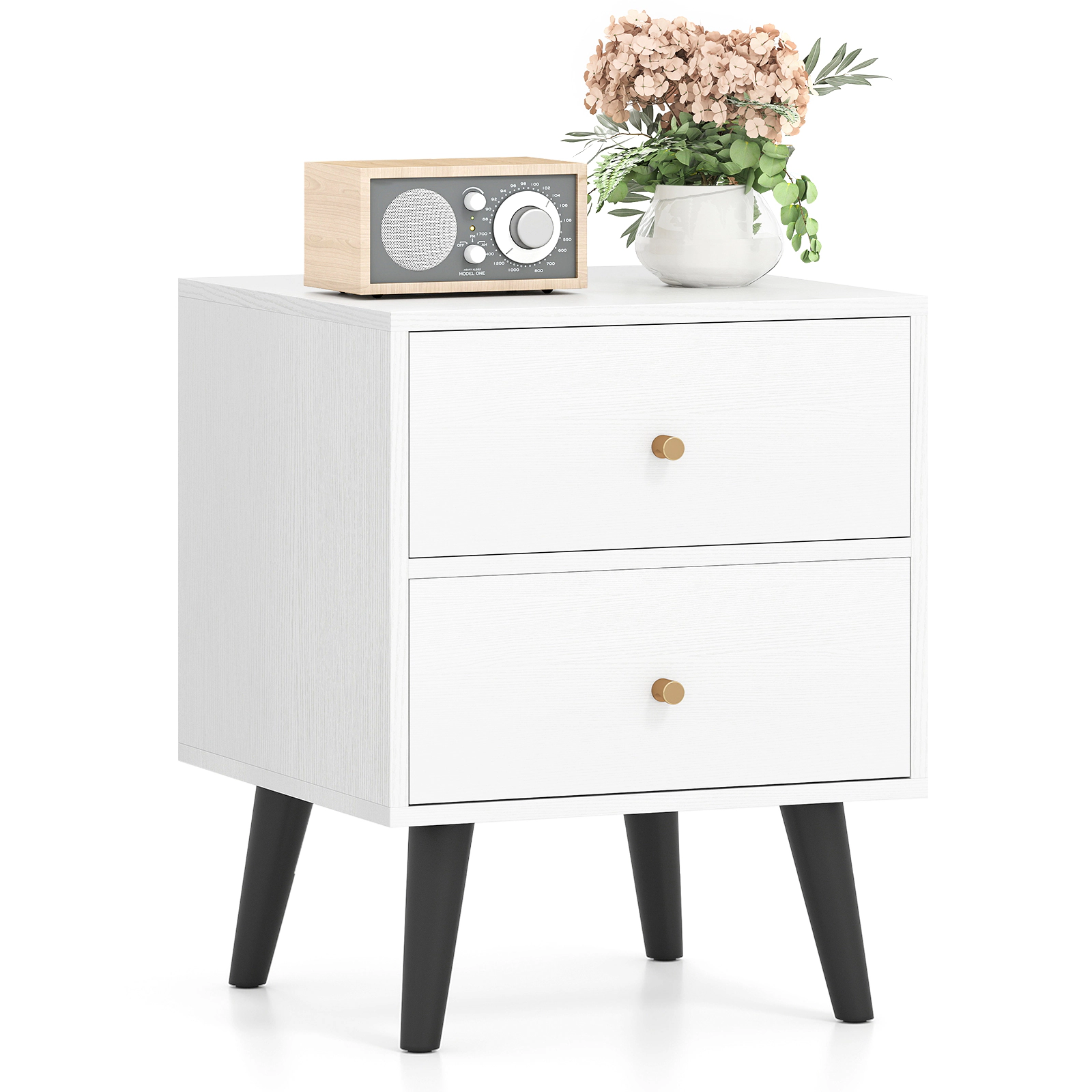Glintex Mid-Century Bedside Table with Golden Knobs Drawer Stoppers and Tapered Legs, White