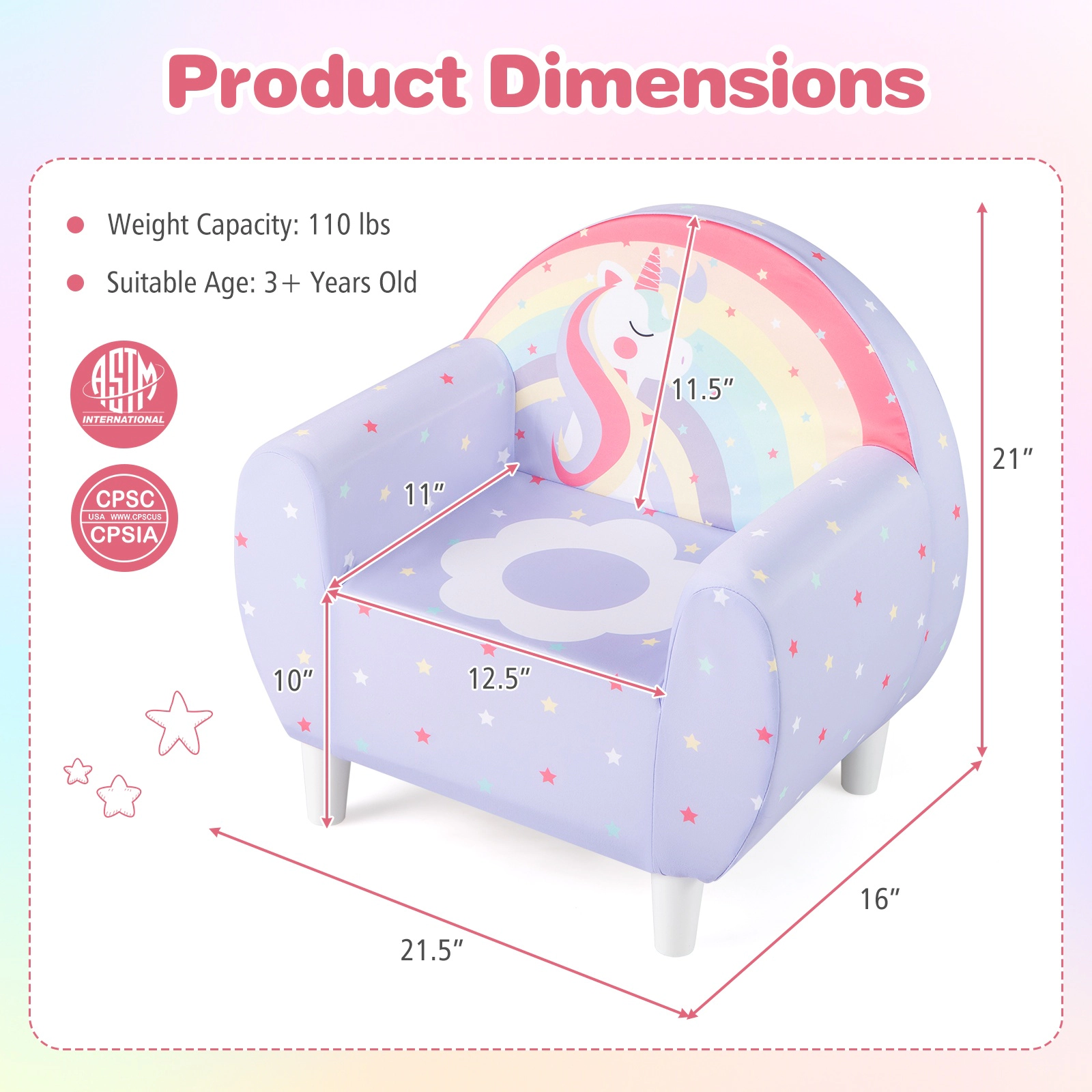 SUGIFT Purple Breathable Spandex Cover Unicorn Print and Wooden Frame Kids Sofa