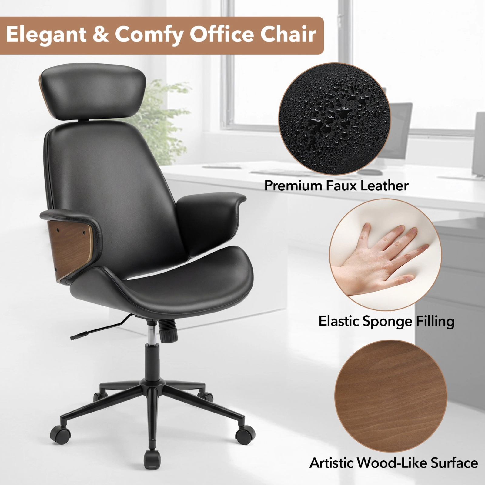 SUGIFT Ergonomic Office Chair with Headrest Adjustable Height 242-Lb Capacity 45-in High Back Black + Rustic Brown