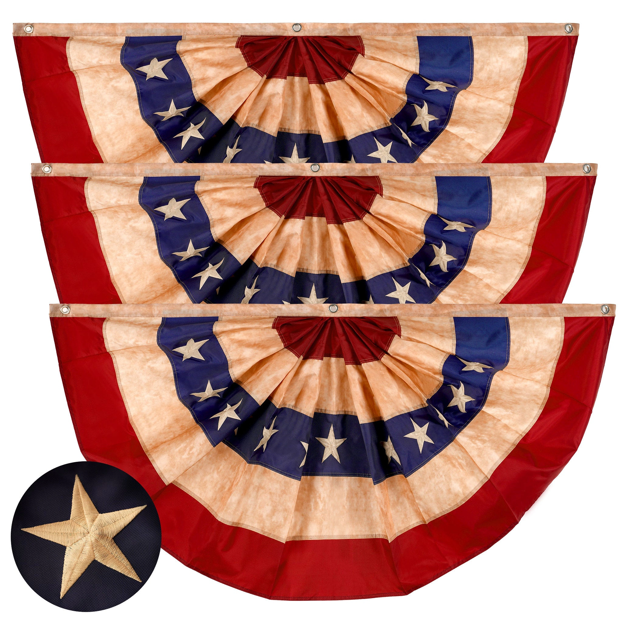 G128 - 3 Pack USA Pleated Fan Flag 2x4 ft, Embroidered Polyester Stars and Stripes