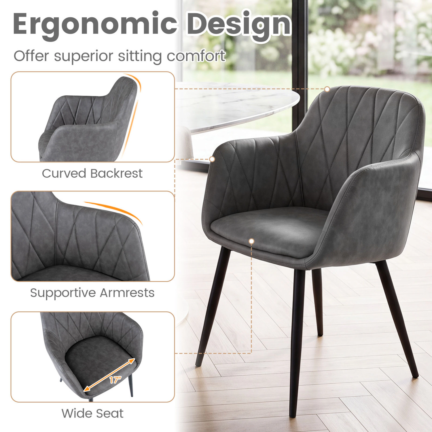 LJG Upholstered PU Leather Kitchen Chairs Set of 2 with Curved Back and Wide Seat