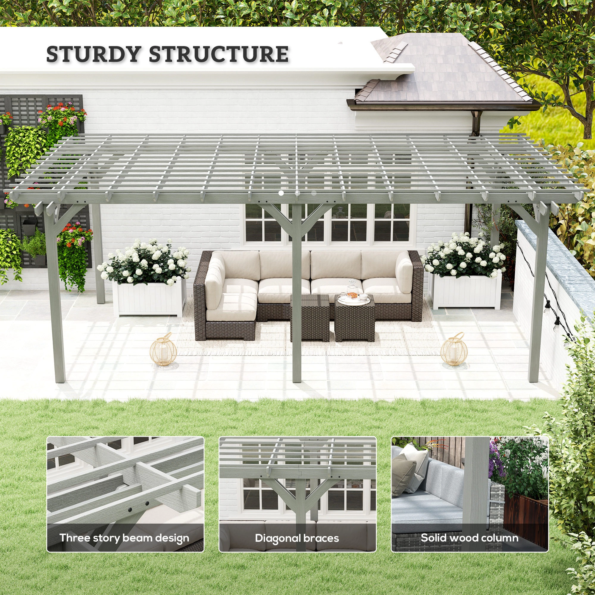 HONGGE Outdoor Pergola, Wood Gazebo Grape Trellis with Stable Structure for Climbing Plant Support, Gray
