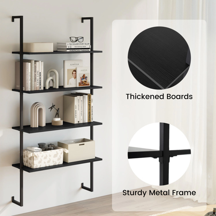 Hivvago 4-Tier Ladder Shelf Open Wall Mounted Bookcase with Wooden Boards and Metal Frame