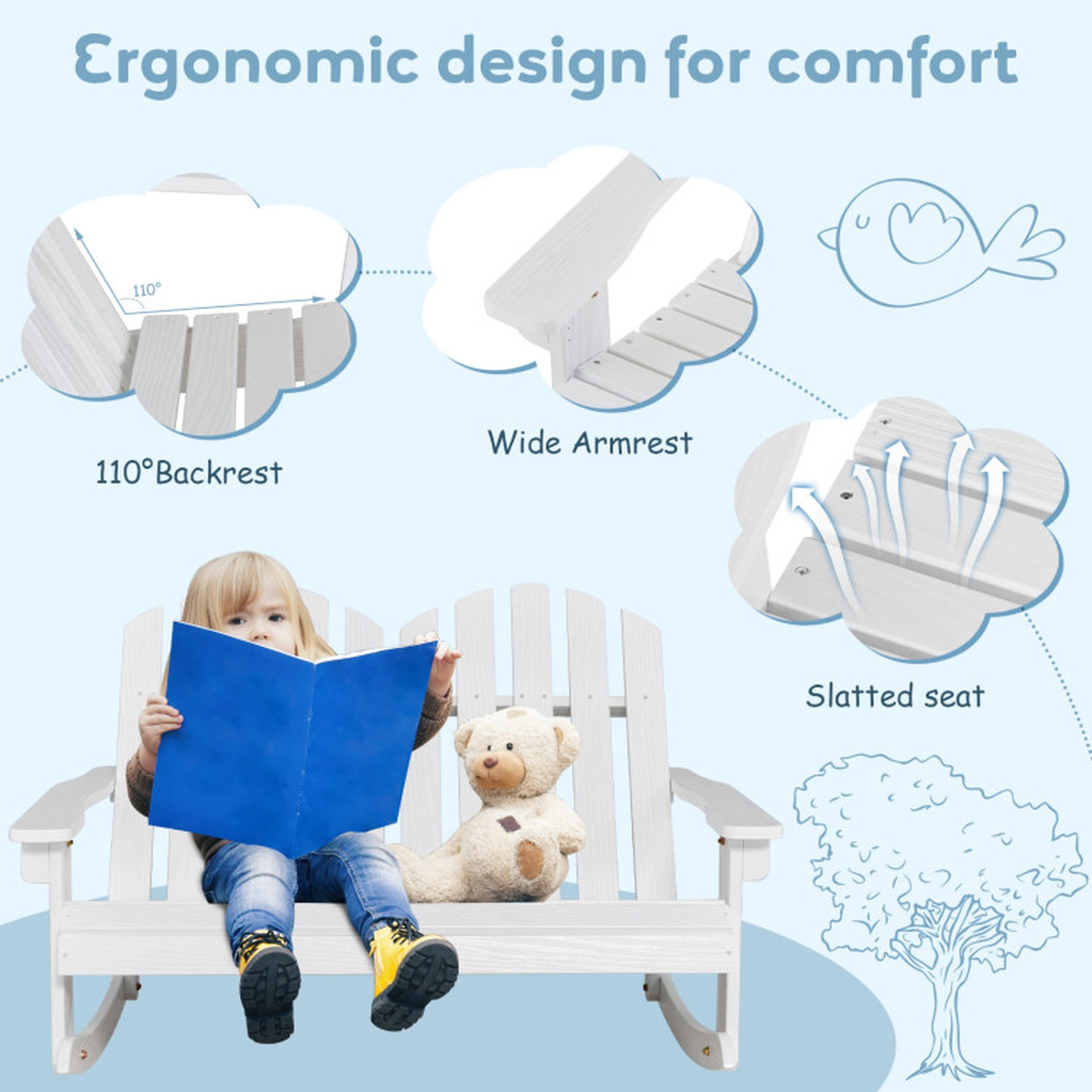 SUGIFT 2 Person Fir Wood Adirondack Rocking Chair with Slatted Seat 220-lb Capacity White