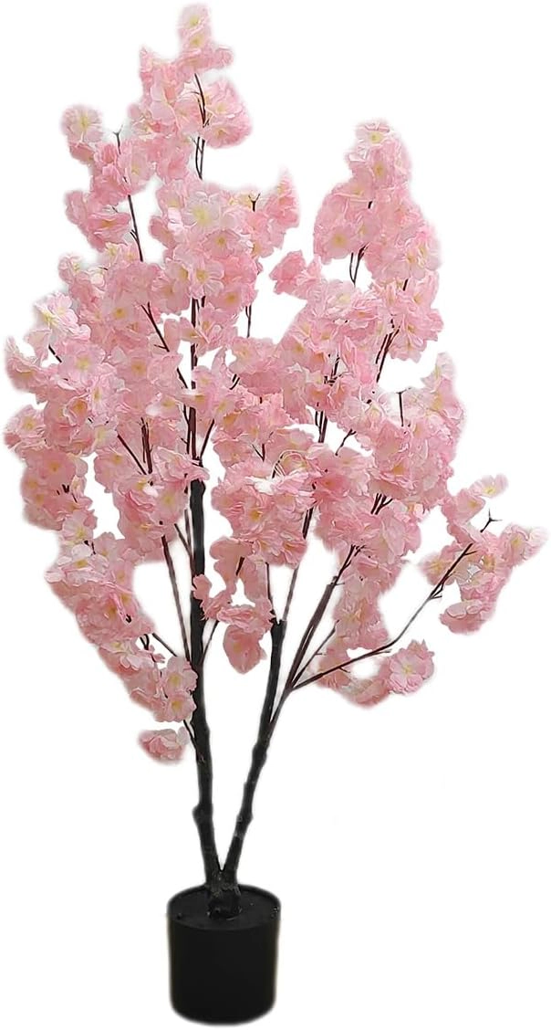 4ft Artificial Cherry Blossom Tree, Pink Silk Blossoms with Plastic Pot, Realistic Faux Indoor Tree