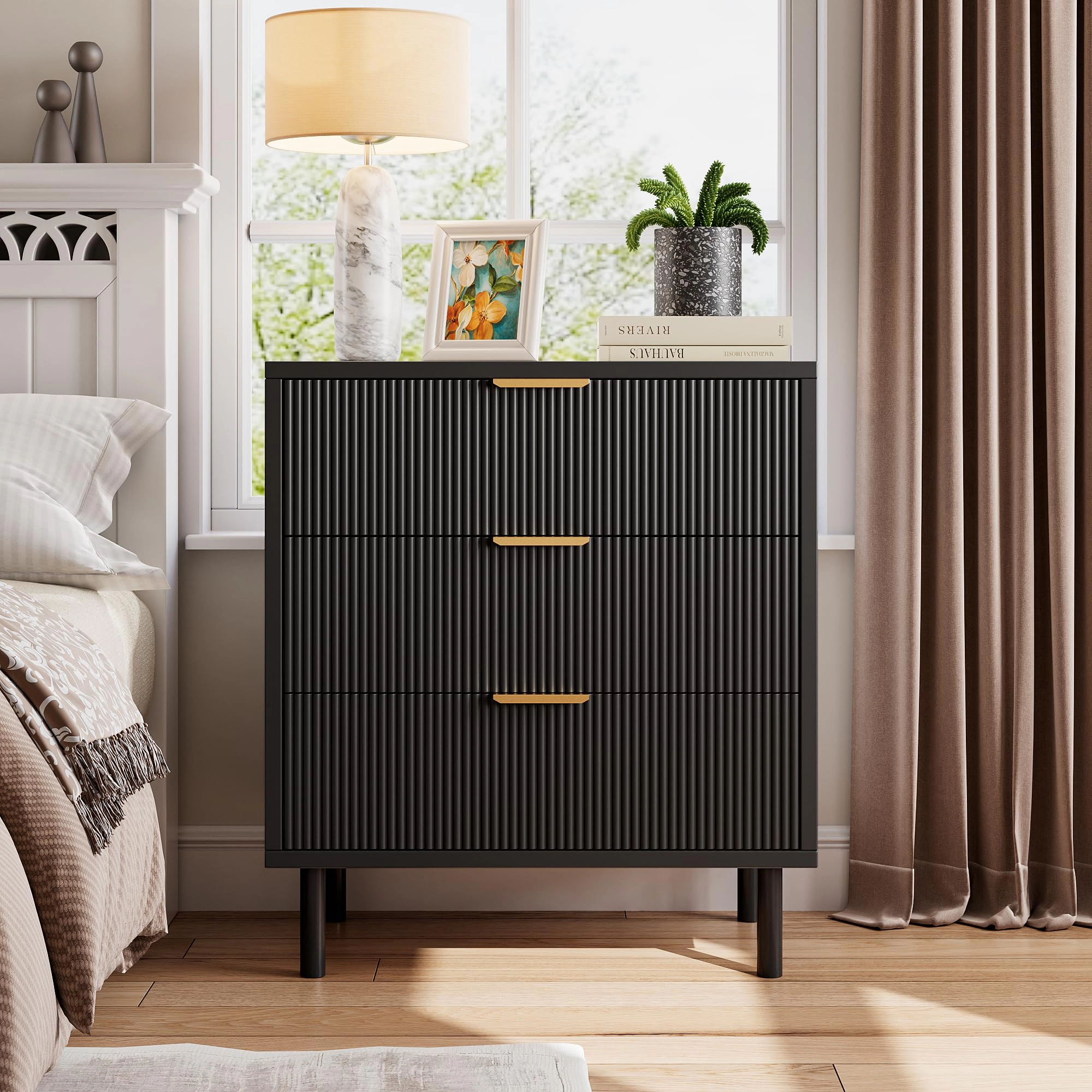 Fluted 3 Drawer Modern Dresser with Metal Legs, Wood Storage Chest for Bedroom Living Room