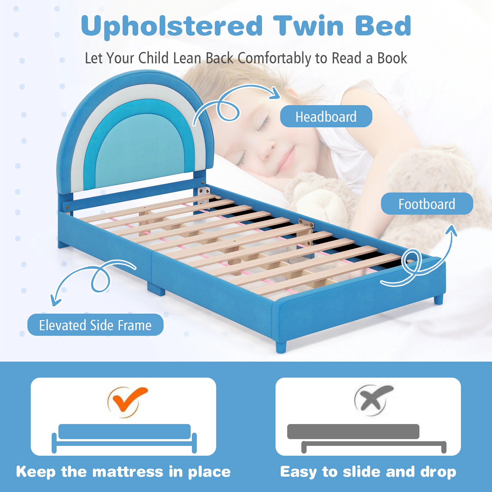 SUGIFT Height-Adjustable Twin Toddler Bed Frame Wooden Slats 660-lb Capacity Ages 3+ Gradient Pink Blue White & Pink