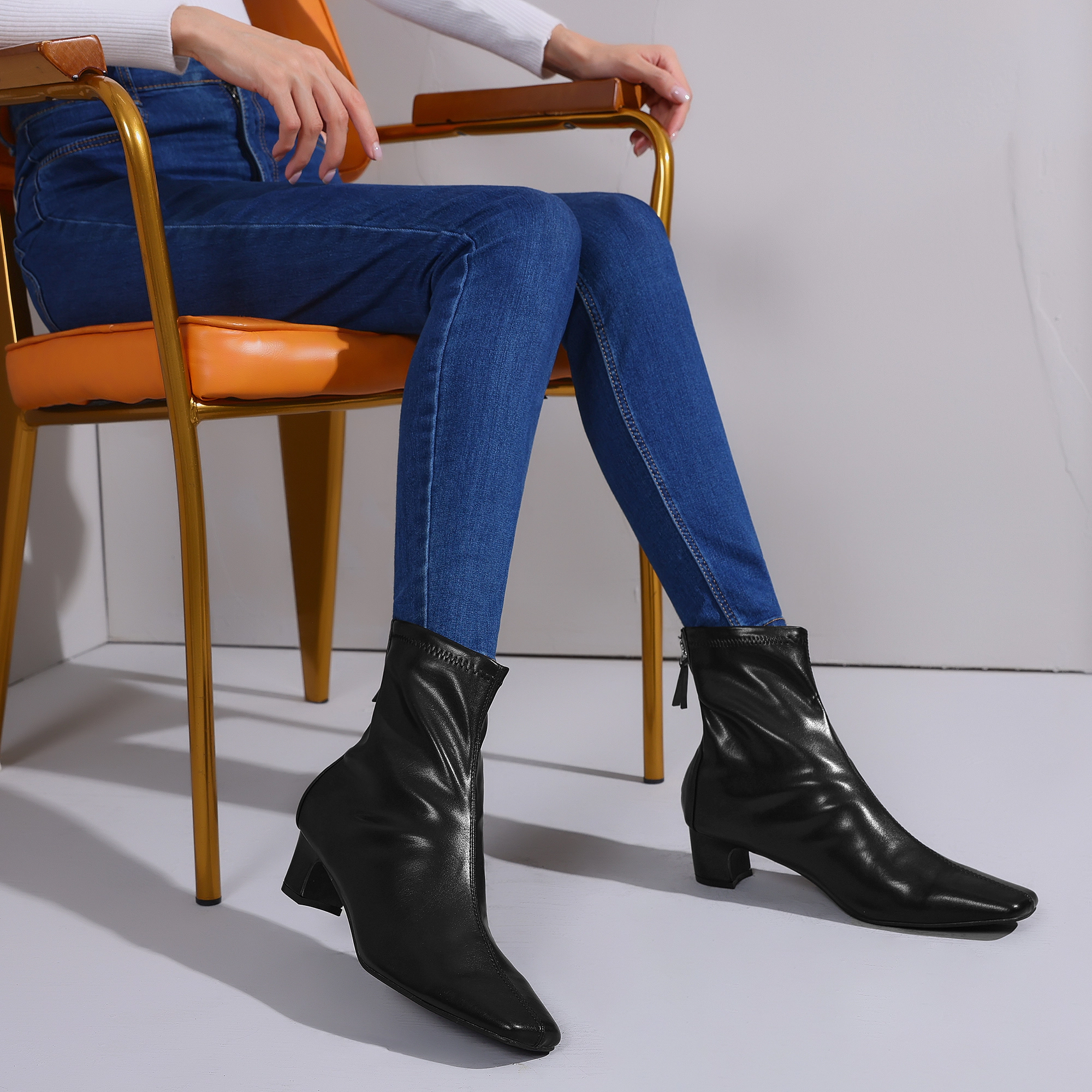 BLISSFUL STEP Women Faux Leather Square Toe Block Heels Ankle Boots Zip Up