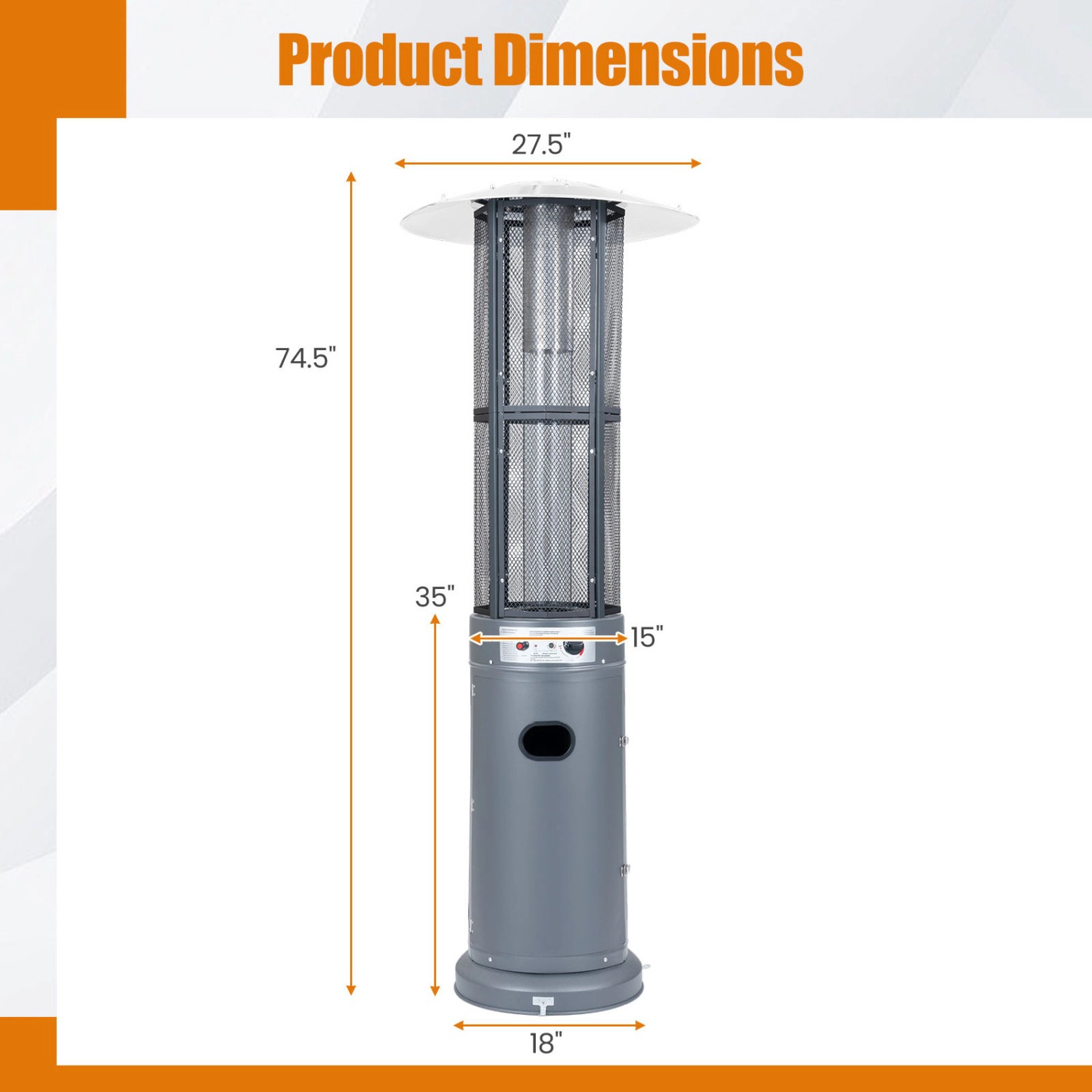 SUGIFT Outdoor Propane Patio Heater with Glass Tube 34,000-BTU Output with Tilt-Over Protection Dark Gray/Gray/Silver