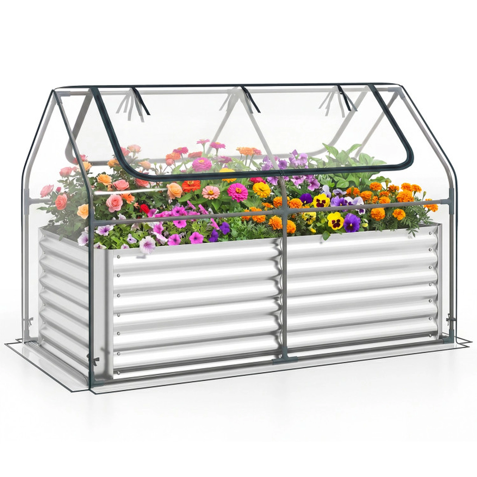 SUGIFT Galvanized Raised Garden Bed with Mini Greenhouse Cover Outdoor Planter Silver + Clear