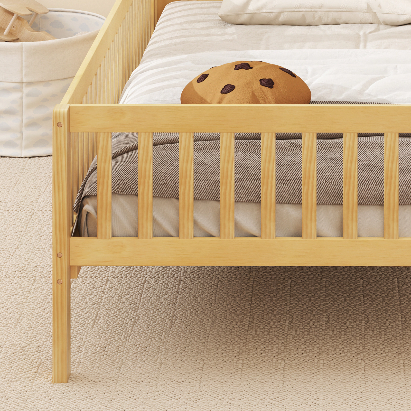 SUGIFT House-Shaped Headboard Twin Size Montessori Bed Frame with Built-in Storage Shelf 440-lb Capacity Natural/White