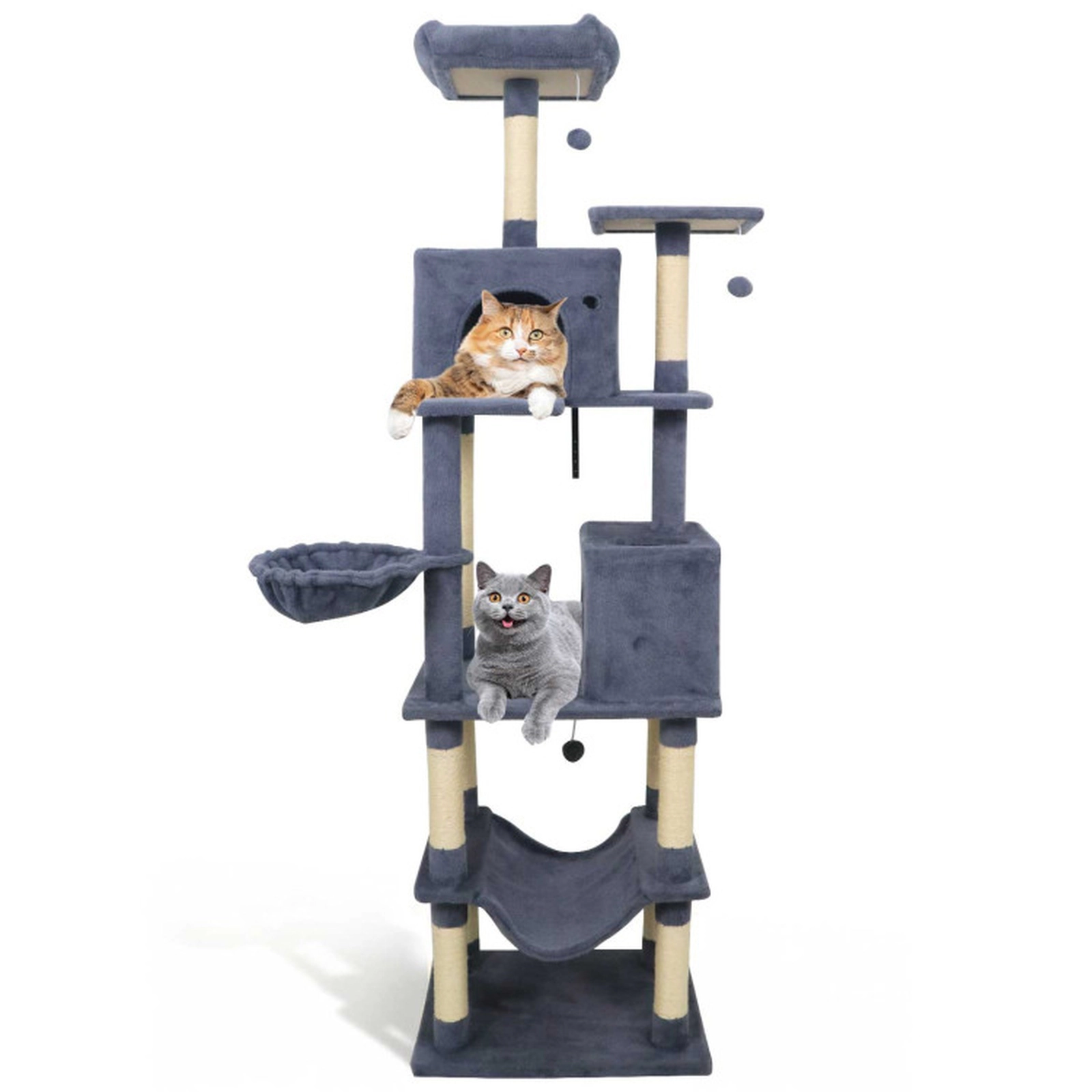 SUGIFT 80-in Tall Multi-Level Cat Tree 2 Large Condos, Hammock, Basket & Dangling Toys 33-lb Capacity per Layer Dark