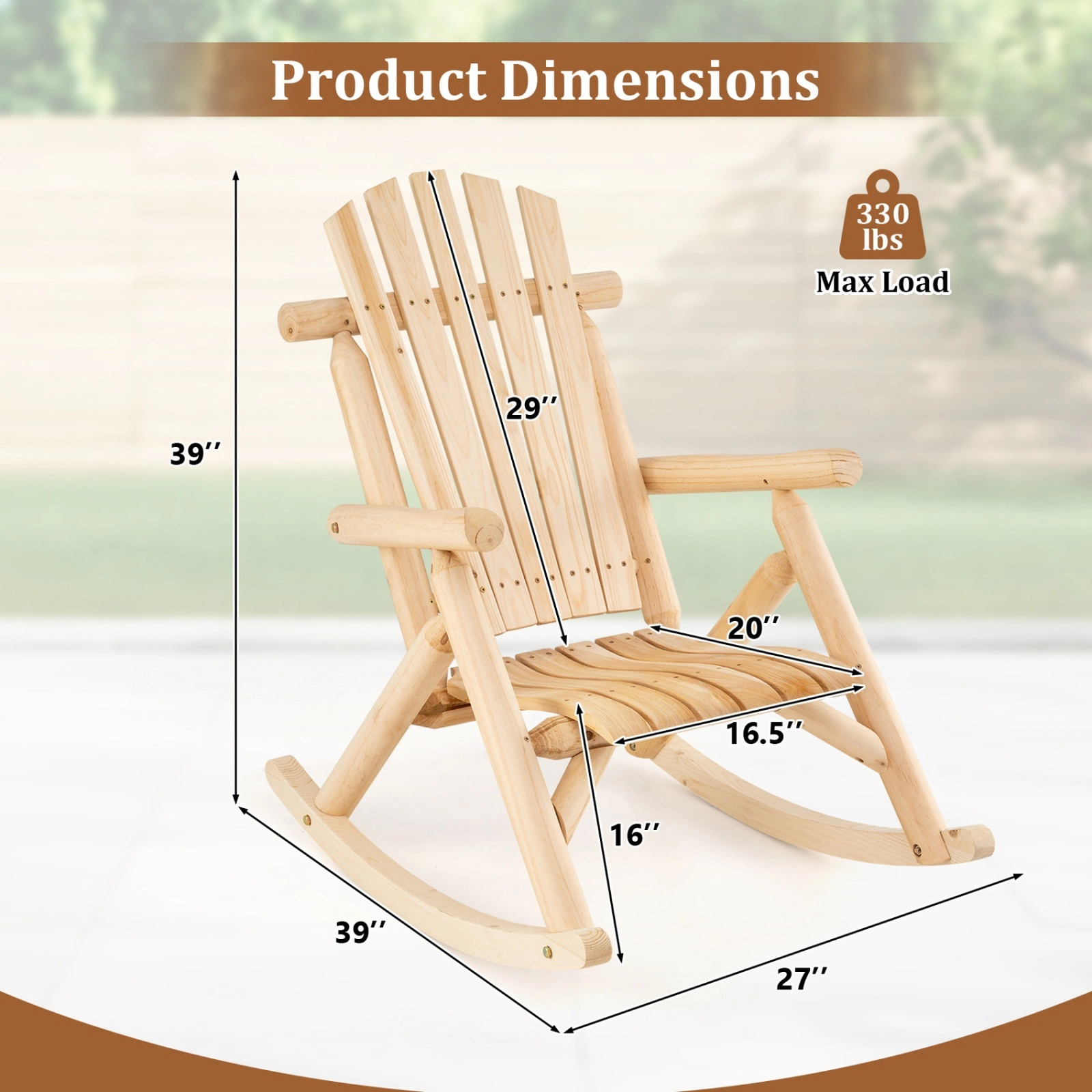 SUGIFT Natural Wood Porch Rocking Chair, Fir and Pine, Fanned High Back, Curved Seat, 330 lb Capacity