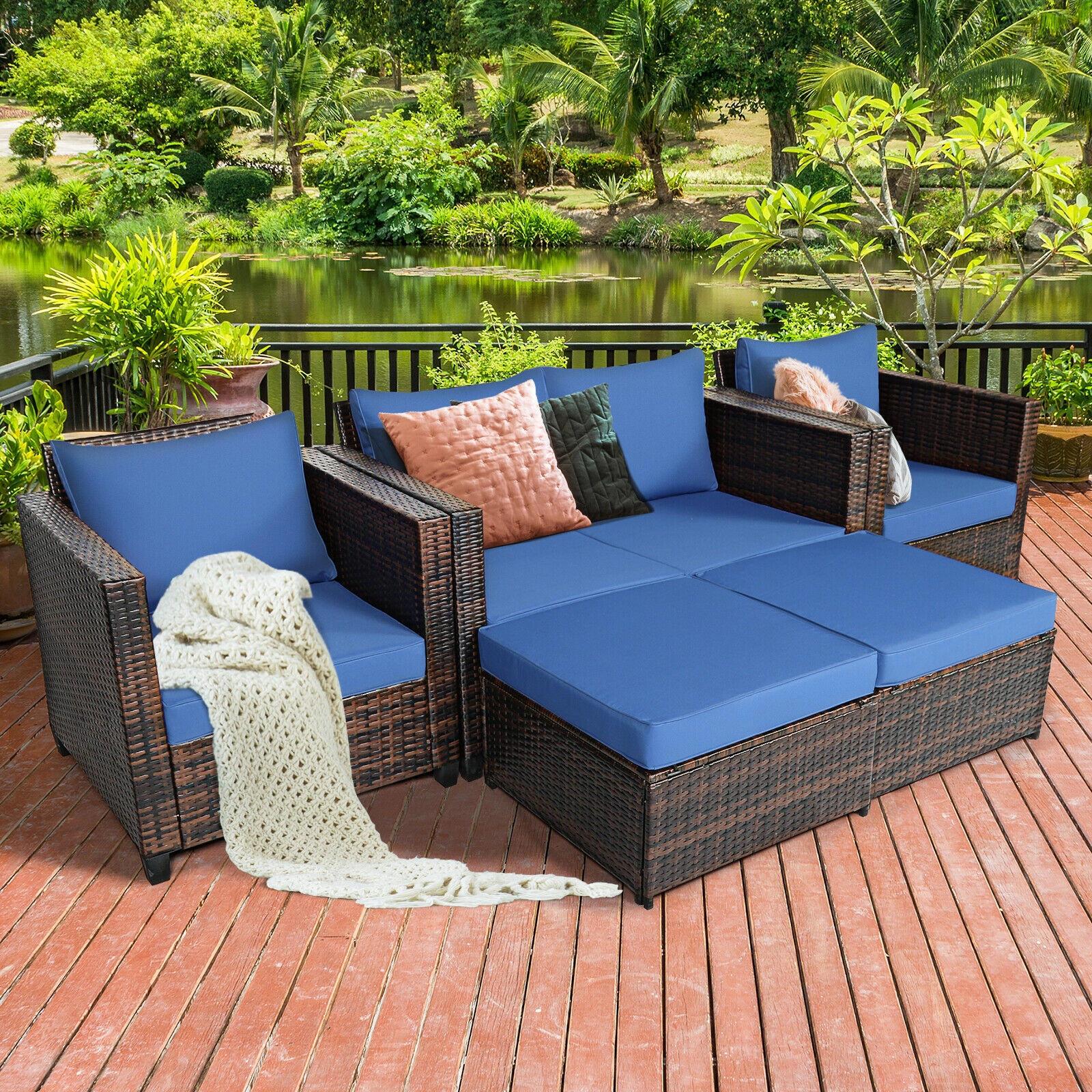Hivvago 5 Pieces Patio Cushioned Rattan Furniture Set