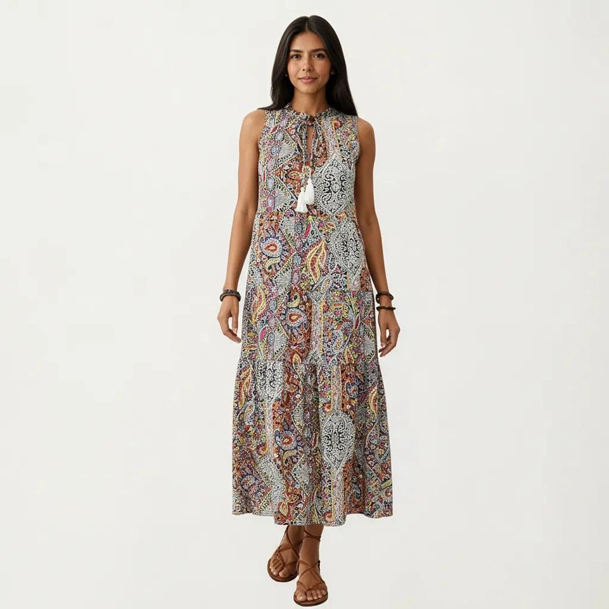 Anna-Kaci Women's Sleeveless Mixed Print Tie Neck Maxi Dress