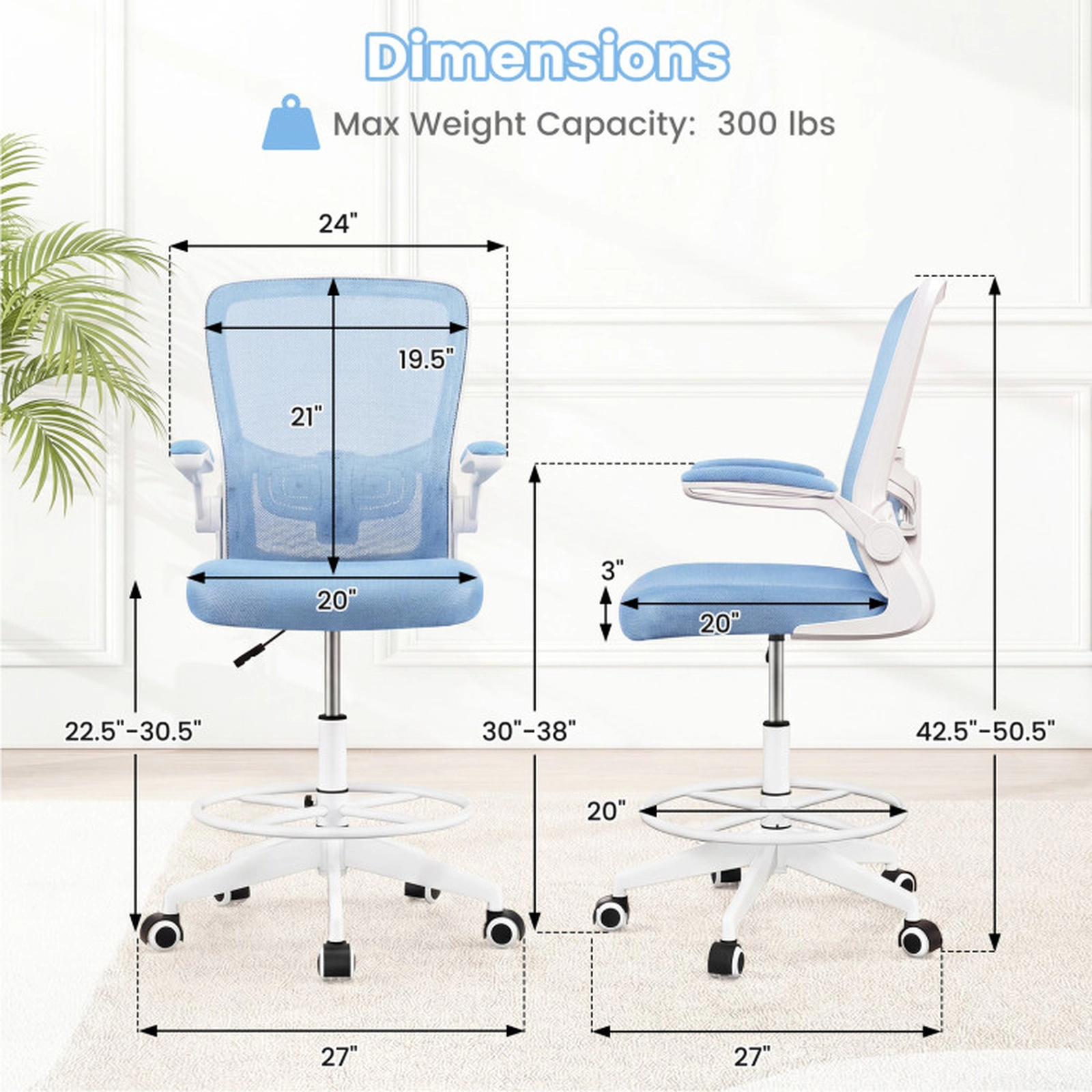 SUGIFT Height Adjustable Drafting Chair with Flip Up Arms 300-lb Capacity Blue
